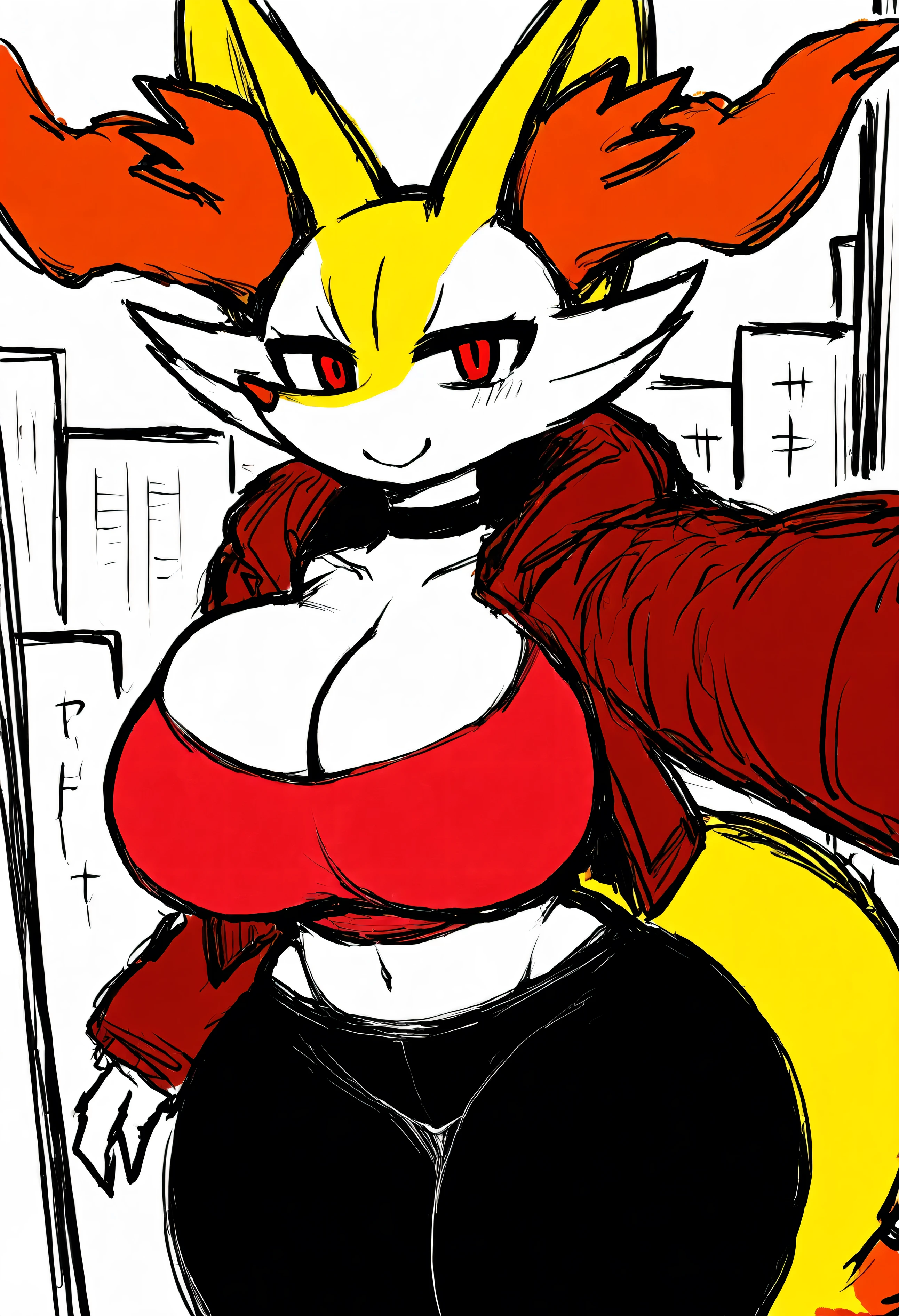 (masterpiece), best quality, 1girl, perfect face,curvy body,Braixen, big round breasts,wide hips,thick thighs,pretty eyes,choker,red eyes, between eyes ,yellow fur, standing, black sweater pants,red crop top,cropped winter jacket, happy,point the viewer,selfie,happy,city background,sketch drawing,monochrome,black souls style ,sketch drawing,monochrome,black souls style
