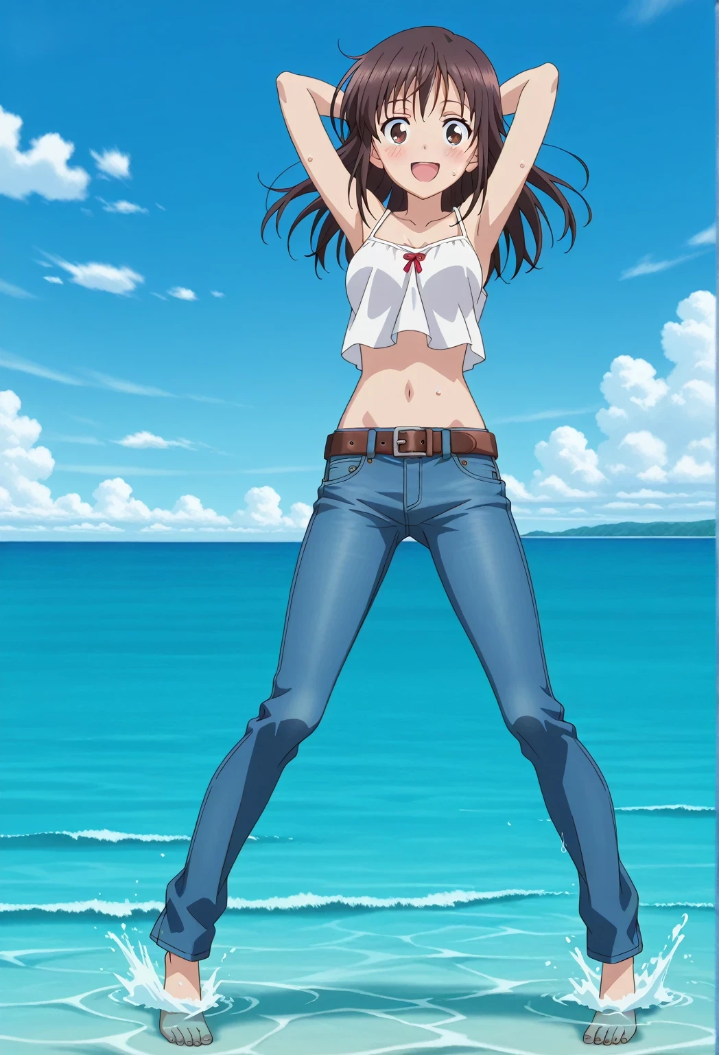 score_9, score_8_up, score_7_up, source_anime, highres, hi res, ((best quality, top quality, perfect quality, Highest Quality, amazing quality)), {{masterpiece}}, {{an extremely delicate and beautiful}}, 2d, intricate details, official style, anime, 8k, anime style, official_anime, official art, digital painting, cell shading, soft shading, high resolution, soothing tones, Subdued Color, Soft cinematic light, adobe lightroom, photolab, HDR, intricately and hyper-detailed, ((high quality animation)), 1 girl, Alone, solo, ((ocean)), tsunami, on the water, day, sunny, outdoors, sky, windy, Sei Takanashi, The Saint’s Magic Power Is Omnipotent, dark brown eyes, dark brown hair, long hair, anime screencap, medium breasts, white camisole top, crop top, white crop top, best quality, hyper-detailed jeans, belt, brown belt, ((blue jeans:1.9)), (dark blue jeans:0.6), full medium body, medium shot, Open mouth, smiling, happy face, blush, sweat, standing, ((arms behind head:6.0)), ((perfect arm line:2.5)), bowlegged, jumping pose, action, looking at viewer, spread legs, Bend knees slightly, straight-on front view