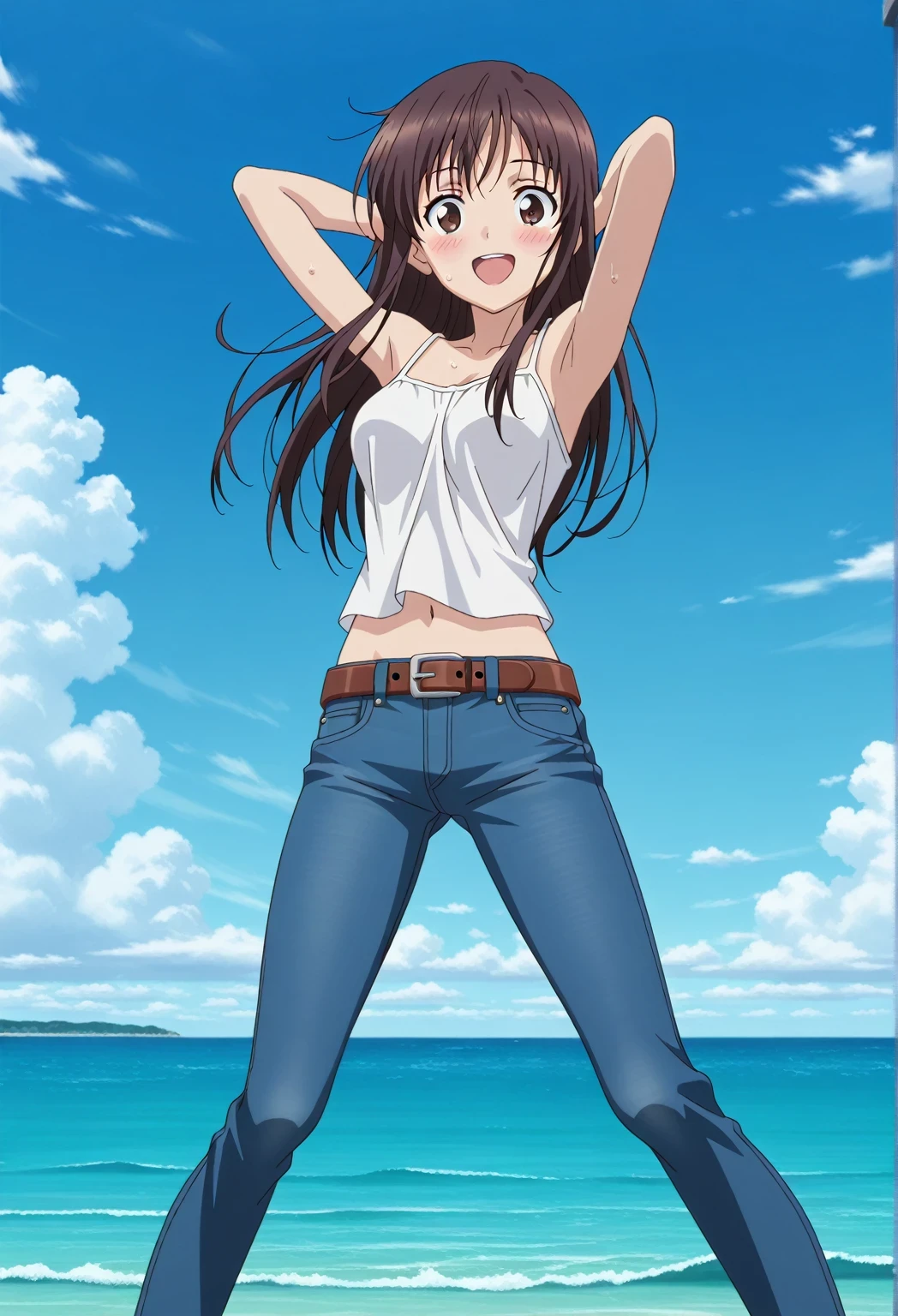 score_9, score_8_up, score_7_up, source_anime, highres, hi res, ((best quality, top quality, perfect quality, Highest Quality, amazing quality)), {{masterpiece}}, {{an extremely delicate and beautiful}}, 2d, intricate details, official style, anime, 8k, anime style, official_anime, official art, digital painting, cell shading, soft shading, high resolution, soothing tones, Subdued Color, Soft cinematic light, adobe lightroom, photolab, HDR, intricately and hyper-detailed, ((high quality animation)), 1 girl, Alone, solo, ((ocean)), tsunami, on the water, day, sunny, outdoors, sky, windy, Sei Takanashi, The Saint’s Magic Power Is Omnipotent, dark brown eyes, dark brown hair, long hair, anime screencap, medium breasts, white camisole top, crop top, white crop top, best quality, hyper-detailed jeans, belt, brown belt, ((blue jeans:1.9)), (dark blue jeans:0.6), full medium body, medium shot, Open mouth, smiling, happy face, blush, sweat, standing, ((arms behind head:6.0)), ((perfect arm line:2.5)), bowlegged, jumping pose, action, looking at viewer, spread legs, Bend knees slightly, straight-on front view