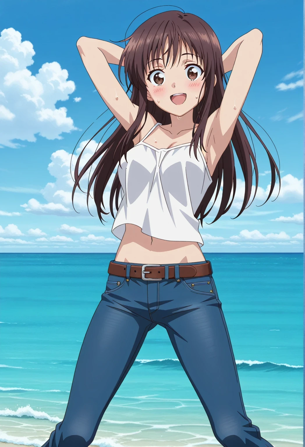 score_9, score_8_up, score_7_up, source_anime, highres, hi res, ((best quality, top quality, perfect quality, Highest Quality, amazing quality)), {{masterpiece}}, {{an extremely delicate and beautiful}}, 2d, intricate details, official style, anime, 8k, anime style, official_anime, official art, digital painting, cell shading, soft shading, high resolution, soothing tones, Subdued Color, Soft cinematic light, adobe lightroom, photolab, HDR, intricately and hyper-detailed, ((high quality animation)), 1 girl, Alone, solo, ((ocean)), tsunami, on the water, day, sunny, outdoors, sky, windy, Sei Takanashi, The Saint’s Magic Power Is Omnipotent, dark brown eyes, dark brown hair, long hair, anime screencap, medium breasts, white camisole top, crop top, white crop top, best quality, hyper-detailed jeans, belt, brown belt, ((blue jeans:1.9)), (dark blue jeans:0.6), full medium body, medium shot, Open mouth, smiling, happy face, blush, sweat, standing, ((arms behind head:6.0)), ((perfect arm line:2.5)), bowlegged, jumping pose, action, looking at viewer, spread legs, Bend knees slightly, straight-on front view