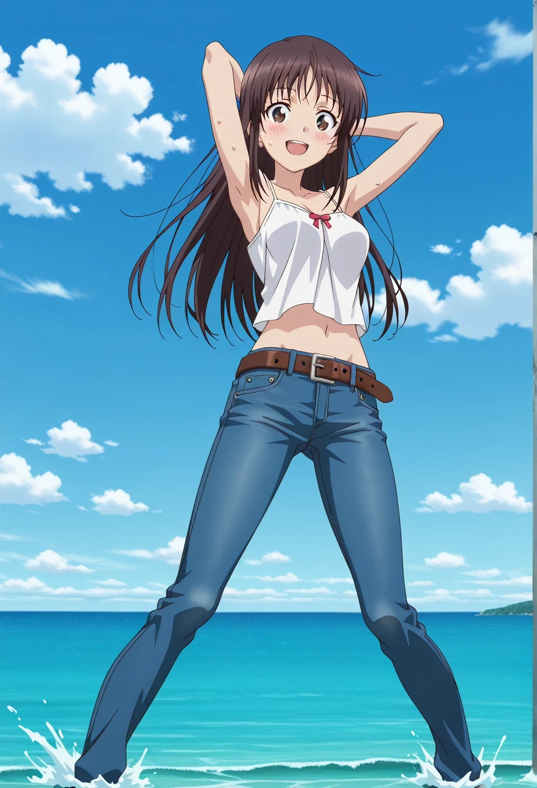 score_9, score_8_up, score_7_up, source_anime, highres, hi res, ((best quality, top quality, perfect quality, Highest Quality, amazing quality)), {{masterpiece}}, {{an extremely delicate and beautiful}}, 2d, intricate details, official style, anime, 8k, anime style, official_anime, official art, digital painting, cell shading, soft shading, high resolution, soothing tones, Subdued Color, Soft cinematic light, adobe lightroom, photolab, HDR, intricately and hyper-detailed, ((high quality animation)), 1 girl, Alone, solo, ((ocean)), tsunami, on the water, day, sunny, outdoors, sky, windy, Sei Takanashi, The Saint’s Magic Power Is Omnipotent, dark brown eyes, dark brown hair, long hair, anime screencap, medium breasts, white camisole top, crop top, white crop top, best quality, hyper-detailed jeans, belt, brown belt, ((blue jeans:1.9)), (dark blue jeans:0.6), full medium body, medium shot, Open mouth, smiling, happy face, blush, sweat, standing, ((arms behind head:6.0)), ((perfect arm line:2.5)), bowlegged, jumping pose, action, looking at viewer, spread legs, Bend knees slightly, straight-on front view