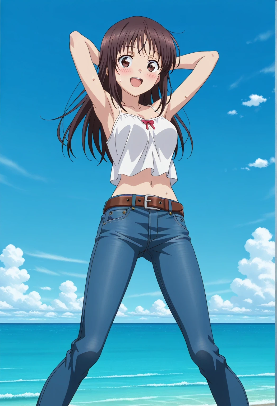 score_9, score_8_up, score_7_up, source_anime, highres, hi res, ((best quality, top quality, perfect quality, Highest Quality, amazing quality)), {{masterpiece}}, {{an extremely delicate and beautiful}}, 2d, intricate details, official style, anime, 8k, anime style, official_anime, official art, digital painting, cell shading, soft shading, high resolution, soothing tones, Subdued Color, Soft cinematic light, adobe lightroom, photolab, HDR, intricately and hyper-detailed, ((high quality animation)), 1 girl, Alone, solo, ((ocean)), tsunami, on the water, day, sunny, outdoors, sky, windy, Sei Takanashi, The Saint’s Magic Power Is Omnipotent, dark brown eyes, dark brown hair, long hair, anime screencap, medium breasts, white camisole top, crop top, white crop top, best quality, hyper-detailed jeans, belt, brown belt, ((blue jeans:1.9)), (dark blue jeans:0.6), full medium body, medium shot, Open mouth, smiling, happy face, blush, sweat, standing, ((arms behind head:6.0)), ((perfect arm line:2.5)), bowlegged, jumping pose, action, looking at viewer, spread legs, Bend knees slightly, straight-on front view