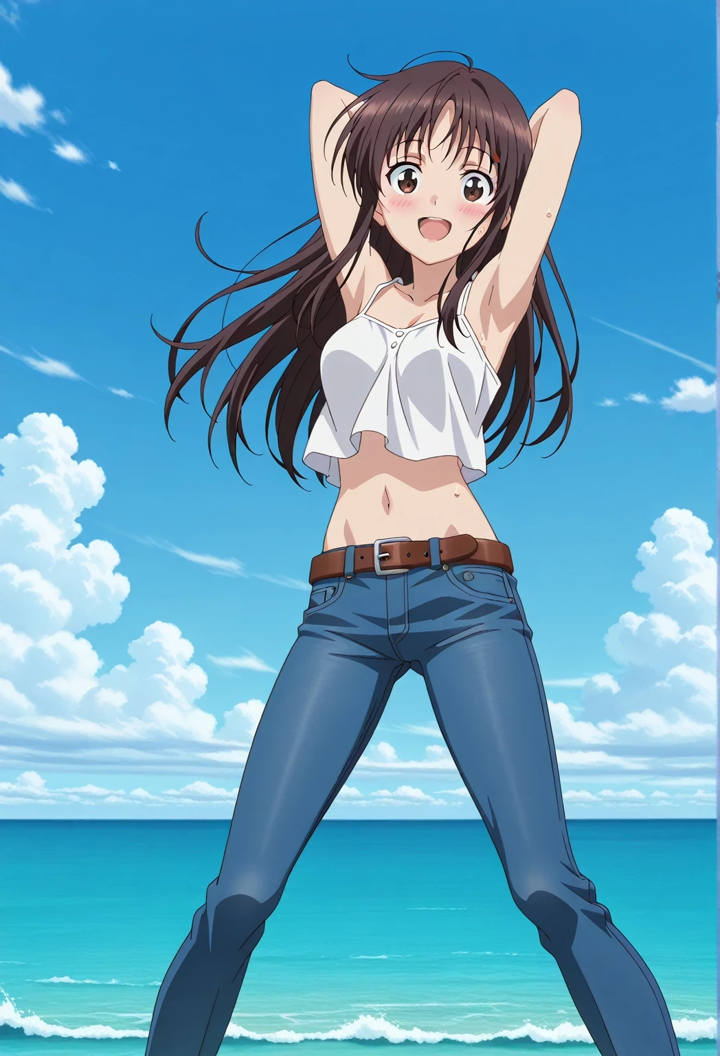 score_9, score_8_up, score_7_up, source_anime, highres, hi res, ((best quality, top quality, perfect quality, Highest Quality, amazing quality)), {{masterpiece}}, {{an extremely delicate and beautiful}}, 2d, intricate details, official style, anime, 8k, anime style, official_anime, official art, digital painting, cell shading, soft shading, high resolution, soothing tones, Subdued Color, Soft cinematic light, adobe lightroom, photolab, HDR, intricately and hyper-detailed, ((high quality animation)), 1 girl, Alone, solo, ((ocean)), tsunami, on the water, day, sunny, outdoors, sky, windy, Sei Takanashi, The Saint’s Magic Power Is Omnipotent, dark brown eyes, dark brown hair, long hair, anime screencap, medium breasts, white camisole top, crop top, white crop top, best quality, hyper-detailed jeans, belt, brown belt, ((blue jeans:1.9)), (dark blue jeans:0.6), full medium body, medium shot, Open mouth, smiling, happy face, blush, sweat, standing, ((arms behind head:6.0)), ((perfect arm line:2.5)), bowlegged, jumping pose, action, looking at viewer, spread legs, Bend knees slightly, straight-on front view