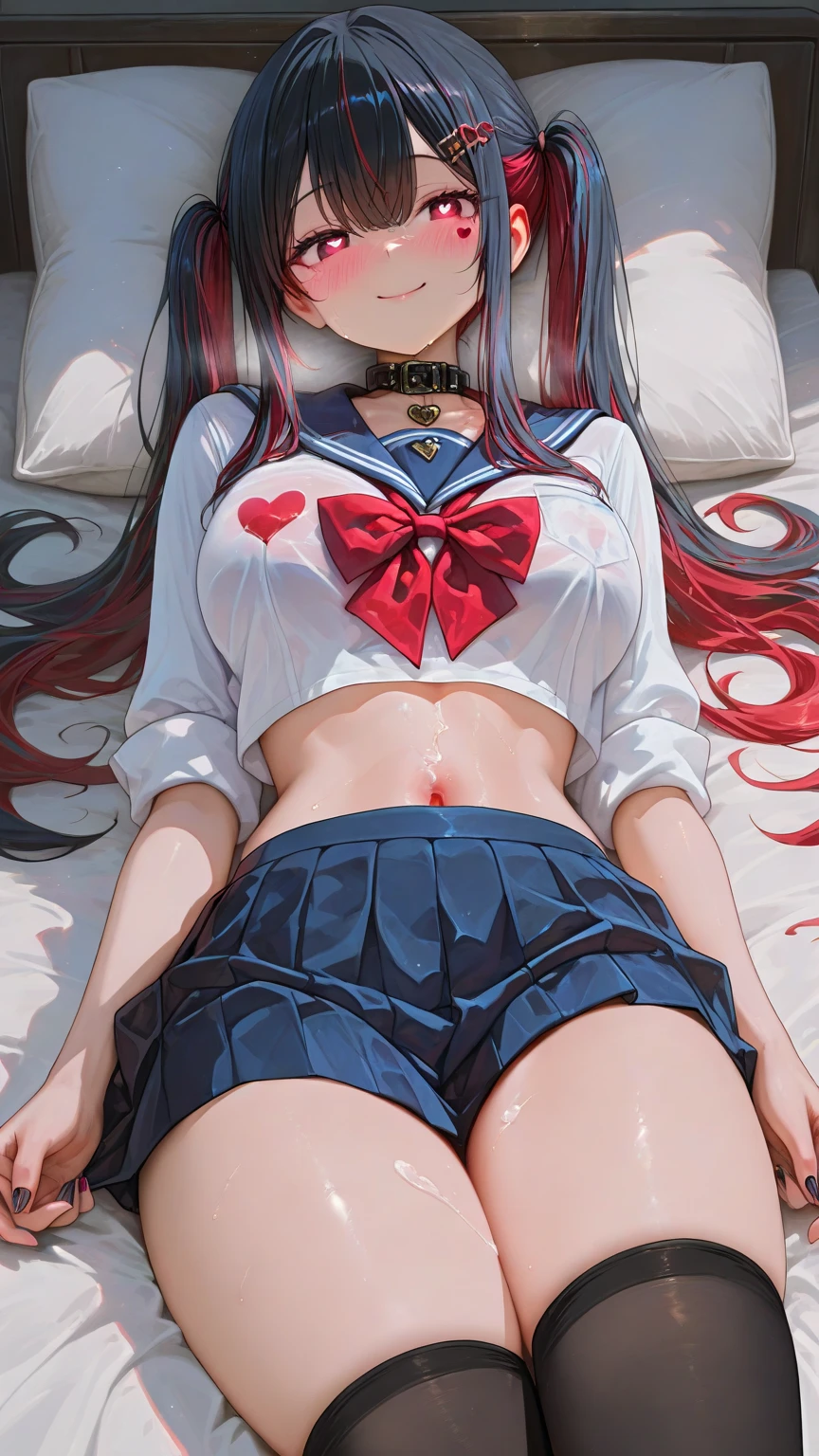 1 woman, HD quality, (solo:1.9), (??????:1.5), (??????:1.5), (drooling:1.3), smile, steam, (sheer white long thigh-high socks:1.5), (sheer white satin long gloves:1.3), (glowing eyes), best ratio four finger and one thumb,  (?????????:1.7), (?????????????), cleavage, (sitting on a bed with one knee up:1.6), (Green eyes:1.3), (Crop Top white shirt:2.0), (Micro ?????:1.5), (under boob:1.7),  (Sailor uniform only for the upper body:1.5), (white short shirt), blue sailor collar, (Navel), (black high-heeled shoes:1.5), (red ribbon tie:1.1), semi-long hair