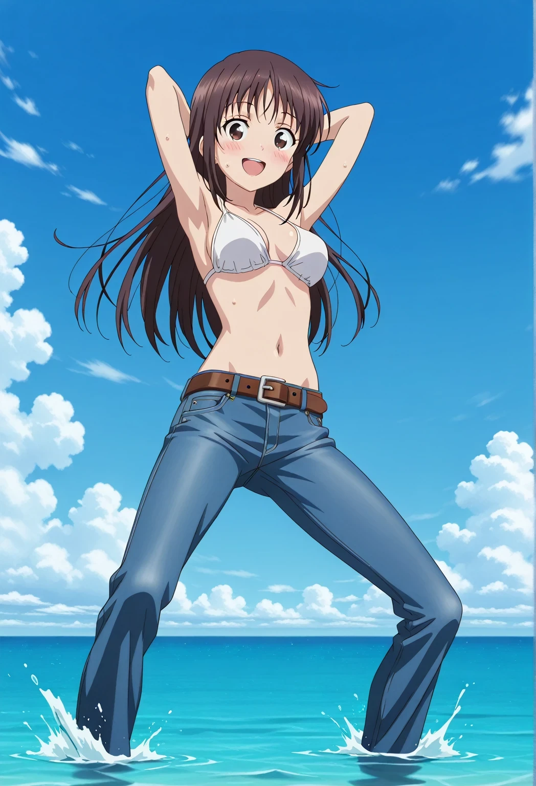 score_9, score_8_up, score_7_up, source_anime, highres, hi res, ((best quality, top quality, perfect quality, Highest Quality, amazing quality)), {{masterpiece}}, {{an extremely delicate and beautiful}}, 2d, intricate details, official style, anime, 8k, anime style, official_anime, official art, digital painting, cell shading, soft shading, high resolution, soothing tones, Subdued Color, Soft cinematic light, adobe lightroom, photolab, HDR, intricately and hyper-detailed, ((high quality animation)), 1 girl, Alone, solo, ((ocean)), tsunami, on the water, day, sunny, outdoors, sky, windy, Sei Takanashi, The Saint’s Magic Power Is Omnipotent, dark brown eyes, dark brown hair, long hair, anime screencap, medium breasts, white bikini top, best quality, hyper-detailed jeans, belt, brown belt, ((blue jeans:1.9)), (dark blue jeans:0.6), full medium body, medium shot, Open mouth, smiling, happy face, blush, sweat, standing, ((arms behind head:6.0)), ((perfect arm line:2.5)), bowlegged, jumping pose, action, looking at viewer, spread legs, Bend knees slightly, straight-on front view