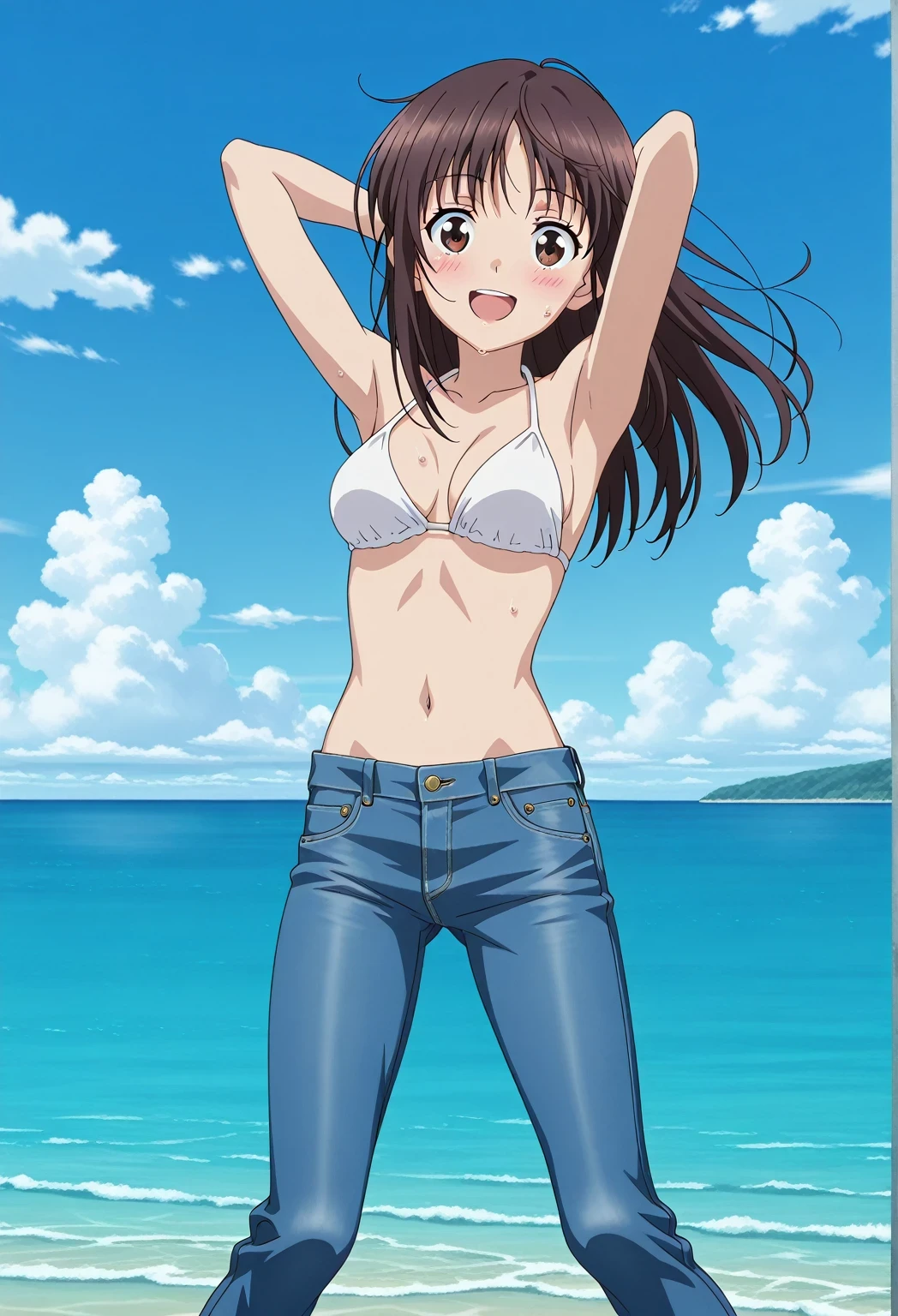 score_9, score_8_up, score_7_up, source_anime, highres, hi res, ((best quality, top quality, perfect quality, Highest Quality, amazing quality)), {{masterpiece}}, {{an extremely delicate and beautiful}}, 2d, intricate details, official style, anime, 8k, anime style, official_anime, official art, digital painting, cell shading, soft shading, high resolution, soothing tones, Subdued Color, Soft cinematic light, adobe lightroom, photolab, HDR, intricately and hyper-detailed, ((high quality animation)), 1 girl, Alone, solo, ((ocean)), tsunami, on the water, day, sunny, outdoors, sky, windy, Sei Takanashi, The Saint’s Magic Power Is Omnipotent, dark brown eyes, dark brown hair, long hair, anime screencap, medium breasts, white bikini top, best quality, hyper-detailed jeans, ((blue jeans:1.9)), (dark blue jeans:0.6), full medium body, medium shot, Open mouth, smiling, happy face, blush, sweat, standing, ((arms behind head:6.0)), ((perfect arm line:2.5)), bowlegged, jumping pose, action, looking at viewer, spread legs, Bend knees slightly, straight-on front view