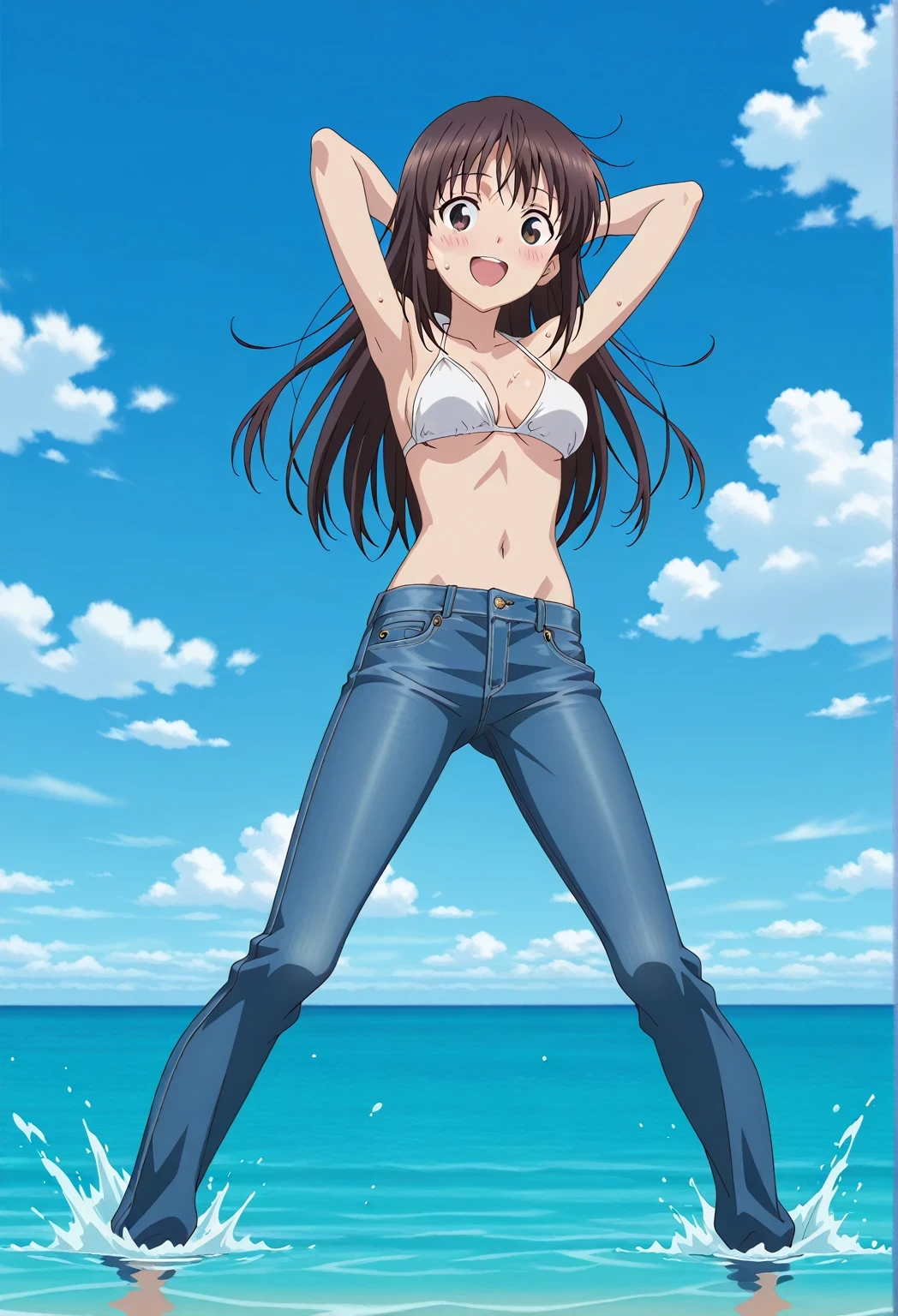 score_9, score_8_up, score_7_up, source_anime, highres, hi res, ((best quality, top quality, perfect quality, Highest Quality, amazing quality)), {{masterpiece}}, {{an extremely delicate and beautiful}}, 2d, intricate details, official style, anime, 8k, anime style, official_anime, official art, digital painting, cell shading, soft shading, high resolution, soothing tones, Subdued Color, Soft cinematic light, adobe lightroom, photolab, HDR, intricately and hyper-detailed, ((high quality animation)), 1 girl, Alone, solo, ((ocean)), tsunami, on the water, day, sunny, outdoors, sky, windy, Sei Takanashi, The Saint’s Magic Power Is Omnipotent, dark brown eyes, dark brown hair, long hair, anime screencap, medium breasts, white bikini top, best quality, hyper-detailed jeans, ((blue jeans:1.9)), (dark blue jeans:0.6), full medium body, medium shot, Open mouth, smiling, happy face, blush, sweat, standing, ((arms behind head:6.0)), ((perfect arm line:2.5)), bowlegged, jumping pose, action, looking at viewer, spread legs, Bend knees slightly, straight-on front view