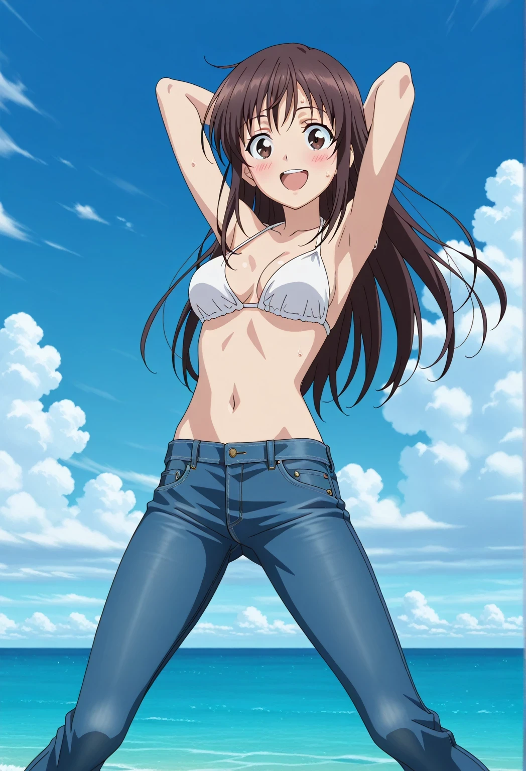 score_9, score_8_up, score_7_up, source_anime, highres, hi res, ((best quality, top quality, perfect quality, Highest Quality, amazing quality)), {{masterpiece}}, {{an extremely delicate and beautiful}}, 2d, intricate details, official style, anime, 8k, anime style, official_anime, official art, digital painting, cell shading, soft shading, high resolution, soothing tones, Subdued Color, Soft cinematic light, adobe lightroom, photolab, HDR, intricately and hyper-detailed, ((high quality animation)), 1 girl, Alone, solo, ((ocean)), tsunami, on the water, day, sunny, outdoors, sky, windy, Sei Takanashi, The Saint’s Magic Power Is Omnipotent, dark brown eyes, dark brown hair, long hair, anime screencap, medium breasts, white bikini top, best quality, hyper-detailed jeans, ((blue jeans:1.9)), (dark blue jeans:0.6), full medium body, medium shot, Open mouth, smiling, happy face, blush, sweat, standing, ((arms behind head:6.0)), ((perfect arm line:2.5)), bowlegged, jumping pose, action, looking at viewer, spread legs, Bend knees slightly, straight-on front view