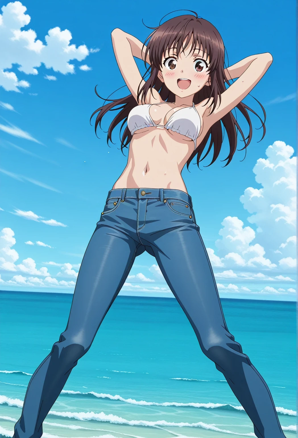 score_9, score_8_up, score_7_up, source_anime, highres, hi res, ((best quality, top quality, perfect quality, Highest Quality, amazing quality)), {{masterpiece}}, {{an extremely delicate and beautiful}}, 2d, intricate details, official style, anime, 8k, anime style, official_anime, official art, digital painting, cell shading, soft shading, high resolution, soothing tones, Subdued Color, Soft cinematic light, adobe lightroom, photolab, HDR, intricately and hyper-detailed, ((high quality animation)), 1 girl, Alone, solo, ((ocean)), tsunami, on the water, day, sunny, outdoors, sky, windy, Sei Takanashi, The Saint’s Magic Power Is Omnipotent, dark brown eyes, dark brown hair, long hair, anime screencap, medium breasts, white bikini top, best quality, hyper-detailed jeans, ((blue jeans:1.9)), (dark blue jeans:0.6), full medium body, medium shot, Open mouth, smiling, happy face, blush, sweat, standing, ((arms behind head:6.0)), ((perfect arm line:2.5)), bowlegged, jumping pose, action, looking at viewer, spread legs, Bend knees slightly, straight-on front view