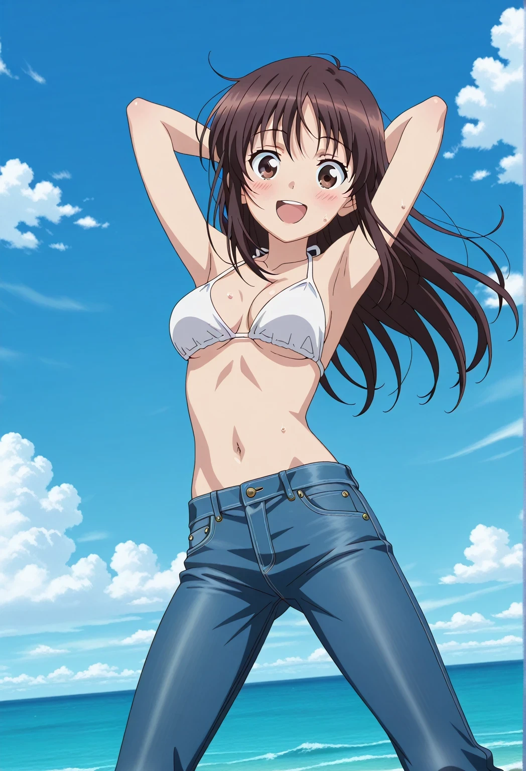 score_9, score_8_up, score_7_up, source_anime, highres, hi res, ((best quality, top quality, perfect quality, Highest Quality, amazing quality)), {{masterpiece}}, {{an extremely delicate and beautiful}}, 2d, intricate details, official style, anime, 8k, anime style, official_anime, official art, digital painting, cell shading, soft shading, high resolution, soothing tones, Subdued Color, Soft cinematic light, adobe lightroom, photolab, HDR, intricately and hyper-detailed, ((high quality animation)), 1 girl, Alone, solo, ((ocean)), tsunami, on the water, day, sunny, outdoors, sky, windy, Sei Takanashi, The Saint’s Magic Power Is Omnipotent, dark brown eyes, dark brown hair, long hair, anime screencap, medium breasts, white bikini top, best quality, hyper-detailed jeans, ((blue jeans:1.9)), (dark blue jeans:0.6), full medium body, medium shot, Open mouth, smiling, happy face, blush, sweat, standing, ((arms behind head:6.0)), ((perfect arm line:2.5)), bowlegged, jumping pose, action, looking at viewer, spread legs, Bend knees slightly, straight-on front view