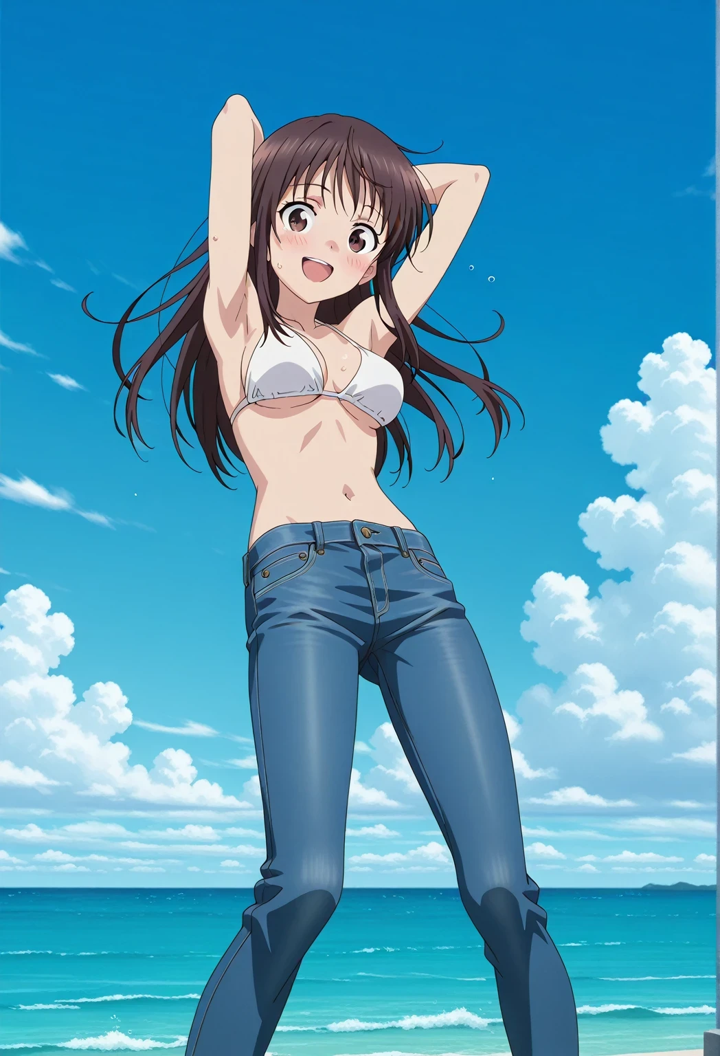 score_9, score_8_up, score_7_up, source_anime, highres, hi res, ((best quality, top quality, perfect quality, Highest Quality, amazing quality)), {{masterpiece}}, {{an extremely delicate and beautiful}}, 2d, intricate details, official style, anime, 8k, anime style, official_anime, official art, digital painting, cell shading, soft shading, high resolution, soothing tones, Subdued Color, Soft cinematic light, adobe lightroom, photolab, HDR, intricately and hyper-detailed, ((high quality animation)), 1 girl, Alone, solo, ((ocean)), tsunami, on the water, day, sunny, outdoors, sky, windy, Sei Takanashi, The Saint’s Magic Power Is Omnipotent, dark brown eyes, dark brown hair, long hair, anime screencap, medium breasts, white bikini top, best quality, hyper-detailed jeans, ((blue jeans:1.9)), (dark blue jeans:0.6), full medium body, medium shot, Open mouth, smiling, happy face, blush, sweat, standing, ((arms behind head:6.0)), ((perfect arm line:2.5)), bowlegged, jumping pose, action, looking at viewer, spread legs, Bend knees slightly, straight-on front view