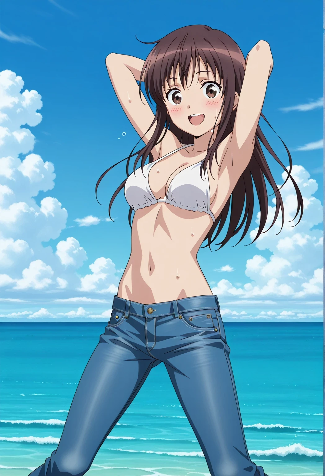 score_9, score_8_up, score_7_up, source_anime, highres, hi res, ((best quality, top quality, perfect quality, Highest Quality, amazing quality)), {{masterpiece}}, {{an extremely delicate and beautiful}}, 2d, intricate details, official style, anime, 8k, anime style, official_anime, official art, digital painting, cell shading, soft shading, high resolution, soothing tones, Subdued Color, Soft cinematic light, adobe lightroom, photolab, HDR, intricately and hyper-detailed, ((high quality animation)), 1 girl, Alone, solo, ((ocean)), tsunami, on the water, day, sunny, outdoors, sky, windy, Sei Takanashi, The Saint’s Magic Power Is Omnipotent, dark brown eyes, dark brown hair, long hair, anime screencap, medium breasts, white bikini top, best quality, hyper-detailed jeans, ((blue jeans:1.9)), (dark blue jeans:0.6), full medium body, medium shot, Open mouth, smiling, happy face, blush, sweat, standing, ((arms behind head:6.0)), ((perfect arm line:2.5)), bowlegged, jumping pose, action, looking at viewer, spread legs, Bend knees slightly, straight-on front view