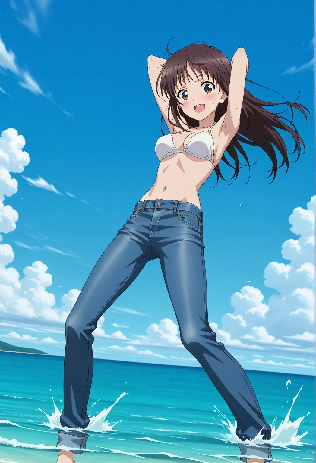 score_9, score_8_up, score_7_up, source_anime, highres, hi res, ((best quality, top quality, perfect quality, Highest Quality, amazing quality)), {{masterpiece}}, {{an extremely delicate and beautiful}}, 2d, intricate details, official style, anime, 8k, anime style, official_anime, official art, digital painting, cell shading, soft shading, high resolution, soothing tones, Subdued Color, Soft cinematic light, adobe lightroom, photolab, HDR, intricately and hyper-detailed, ((high quality animation)), 1 girl, Alone, solo, ((ocean)), tsunami, on the water, day, sunny, outdoors, sky, windy, Sei Takanashi, The Saint’s Magic Power Is Omnipotent, dark brown eyes, dark brown hair, long hair, anime screencap, medium breasts, white bikini top, best quality, hyper-detailed jeans, ((blue jeans:1.9)), (dark blue jeans:0.6), full medium body, medium shot, Open mouth, smiling, happy face, blush, sweat, standing, ((arms behind head:6.0)), ((perfect arm line:2.5)), bowlegged, jumping pose, action, looking at viewer, spread legs, Bend knees slightly, straight-on front view