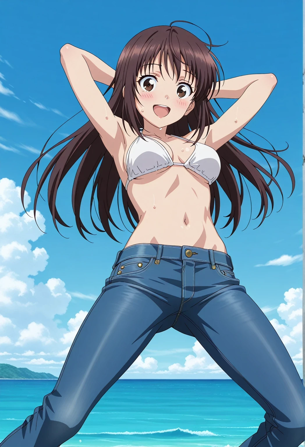 score_9, score_8_up, score_7_up, source_anime, highres, hi res, ((best quality, top quality, perfect quality, Highest Quality, amazing quality)), {{masterpiece}}, {{an extremely delicate and beautiful}}, 2d, intricate details, official style, anime, 8k, anime style, official_anime, official art, digital painting, cell shading, soft shading, high resolution, soothing tones, Subdued Color, Soft cinematic light, adobe lightroom, photolab, HDR, intricately and hyper-detailed, ((high quality animation)), 1 girl, Alone, solo, ((ocean)), tsunami, on the water, day, sunny, outdoors, sky, windy, Sei Takanashi, The Saint’s Magic Power Is Omnipotent, dark brown eyes, dark brown hair, long hair, anime screencap, medium breasts, white bikini top, best quality, hyper-detailed jeans, ((blue jeans:1.9)), (dark blue jeans:0.6), full medium body, medium shot, Open mouth, smiling, happy face, blush, sweat, standing, ((arms behind head:6.0)), ((perfect arm line:2.5)), bowlegged, jumping pose, action, looking at viewer, spread legs, Bend knees slightly, straight-on front view