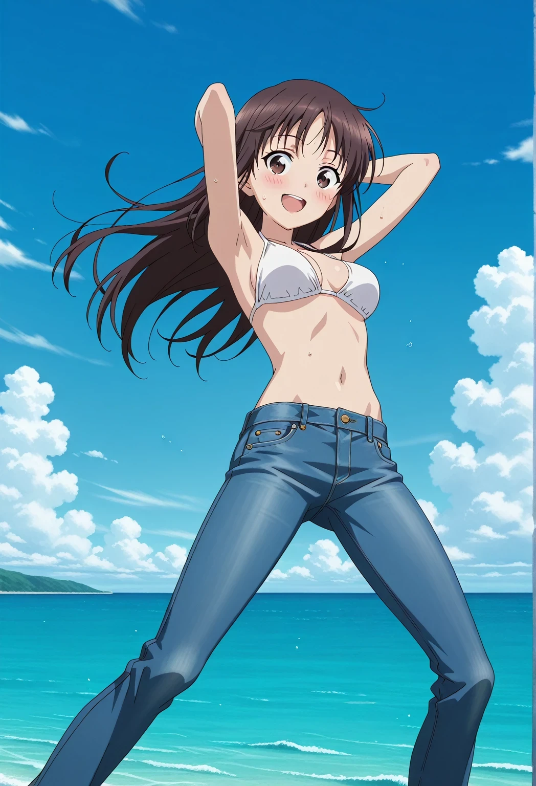 score_9, score_8_up, score_7_up, source_anime, highres, hi res, ((best quality, top quality, perfect quality, Highest Quality, amazing quality)), {{masterpiece}}, {{an extremely delicate and beautiful}}, 2d, intricate details, official style, anime, 8k, anime style, official_anime, official art, digital painting, cell shading, soft shading, high resolution, soothing tones, Subdued Color, Soft cinematic light, adobe lightroom, photolab, HDR, intricately and hyper-detailed, ((high quality animation)), 1 girl, Alone, solo, ((ocean)), tsunami, on the water, day, sunny, outdoors, sky, windy, Sei Takanashi, The Saint’s Magic Power Is Omnipotent, dark brown eyes, dark brown hair, long hair, anime screencap, medium breasts, white bikini top, best quality, hyper-detailed jeans, ((blue jeans:1.9)), (dark blue jeans:0.6), full medium body, medium shot, Open mouth, smiling, happy face, blush, sweat, standing, ((arms behind head:6.0)), ((perfect arm line:2.5)), bowlegged, jumping pose, action, looking at viewer, spread legs, Bend knees slightly, straight-on front view