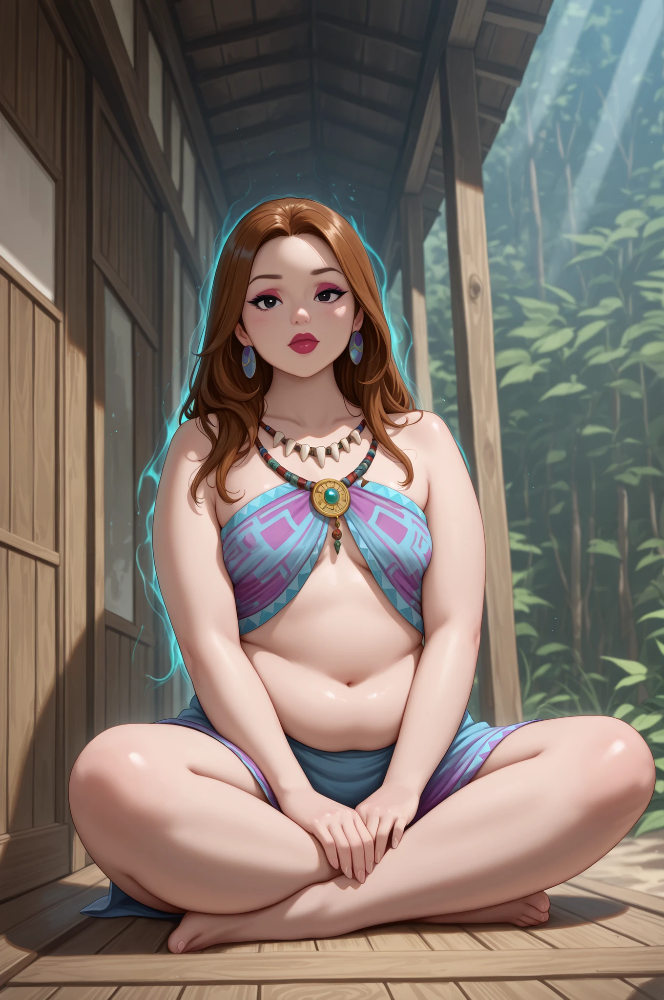 Debra, small . Pale red lipstick, brown hair, black eyes, pale red makeup, long hair, thick , chubby, overweight, chubby, fat, mature woman..| ((best quality)), ((masterpiece)), ((ultra realistic)),a girl shaman performing a ritual in a rain-forest hut,  sitting in meditation, ((colorful magical energy flowing through the air)), rickety wooden building, wearing intricately detailed primitive tribal garb, bone jewelry, by a vast water fall in the dense jungle, ((wildlife everywhere)), god rays, diffuse lighting, masterpiece, realistic, roughness, ultra realistic, masterpiece, realistic, roughness, ultra realistic, photographed on a Canon EOS R5, 50mm lens, muted colors, F/2.8, HDR, 8k resolution, highres, high detail, sharp focus, smooth, roughness, real life, photorealism, photography, 8k uhd,