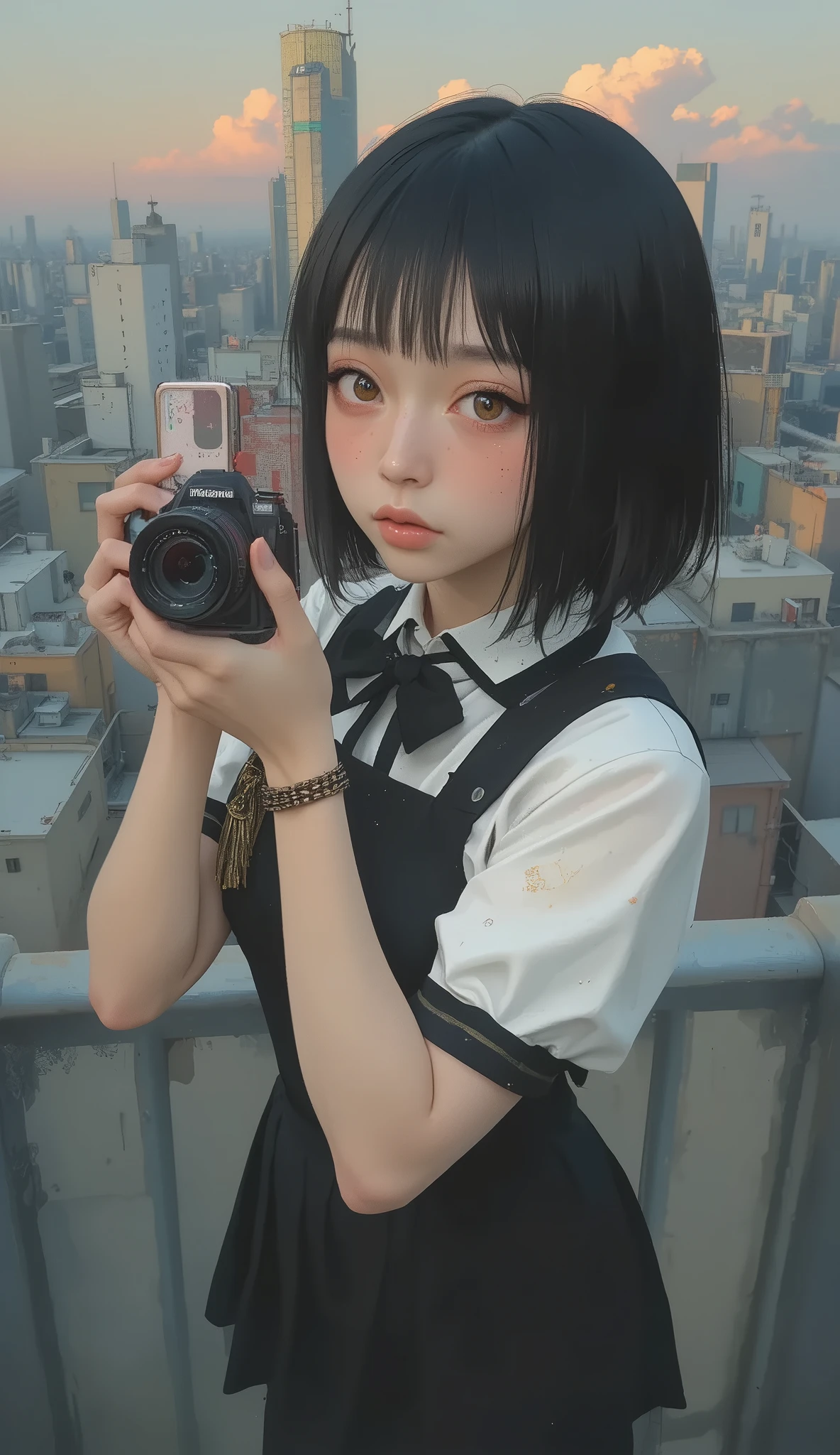 An Asian woman is taking pictures wearing a black and white dress, Yoshitomo Nara, Chiho, Ayaka, shikamimi, black home cut hair, Cute girl, with short hair, princess cut, tejirogi shiori, I'm hugging Sui Ishida, harumi