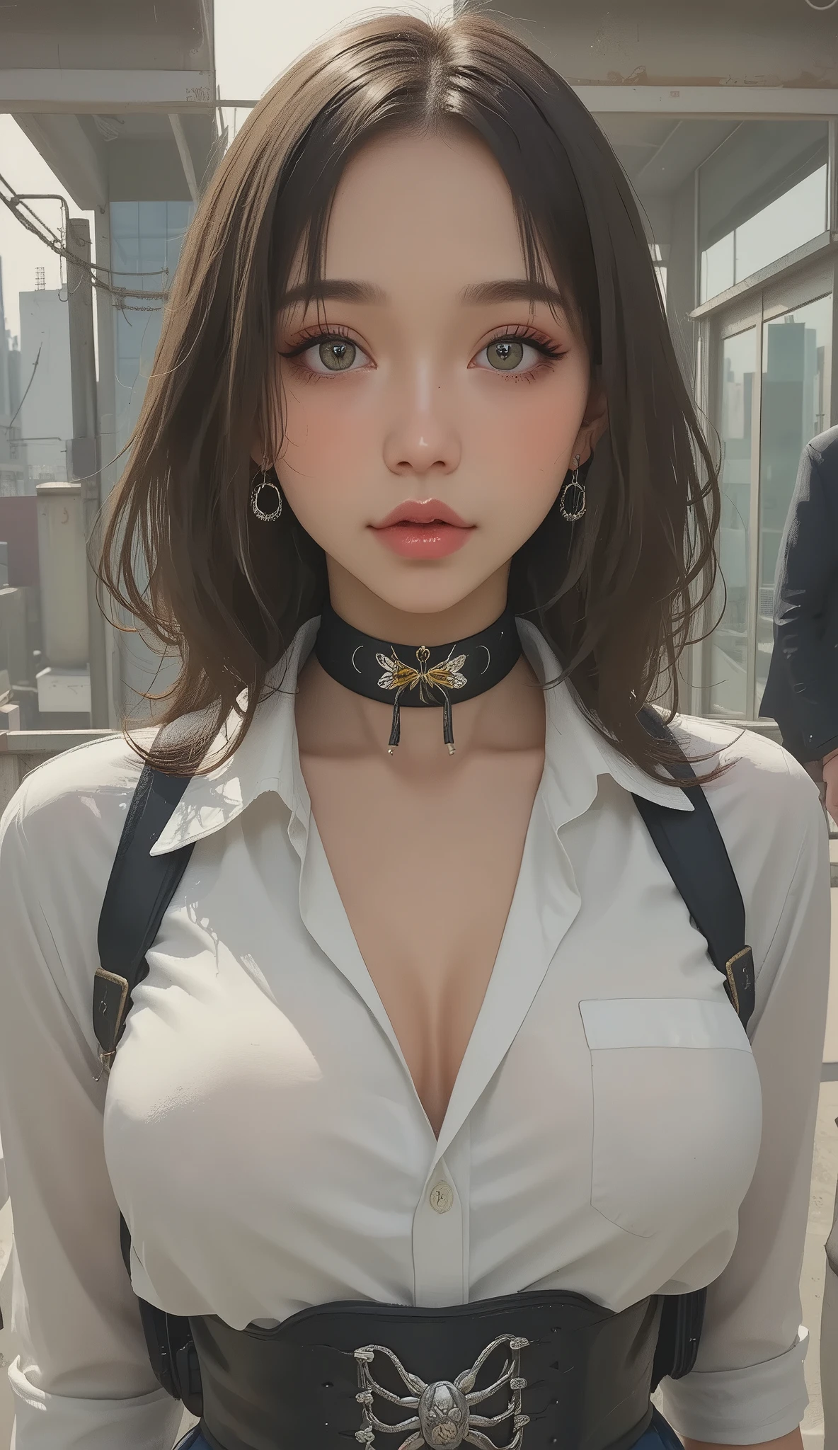 close-up of a woman wearing a white shirt wearing a corset around her neck taking a photo, Cute girl, pretty face with a sense of transparency so as not to fail, She has boobs, Yoshitomo Nara, Cute Core, Chiho, Tight Shirt, Japanese model, wearing Tight Shirt, With a cute face, she has a pretty face, tactical armed girl traditional style