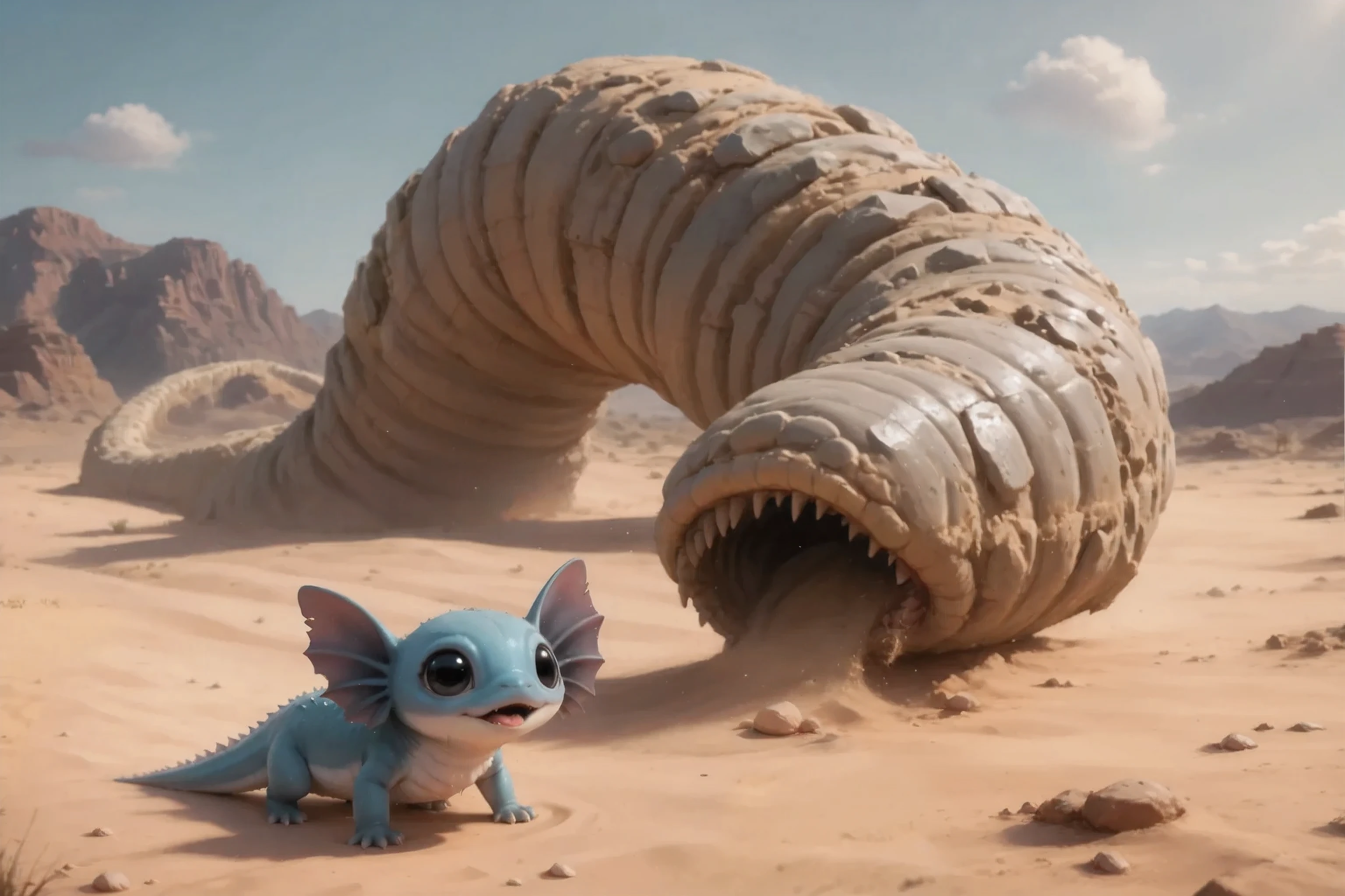 A giant worm from Dune hangs over a tiny Character_Fuli, joyful half-open mouth, Desert, 4 legs , , cute blue with big black eyes.
masterpiece, best quality, ultra-detailed, Cinematic emotional static frame, 8K UHD, extremely detailed, physical visualization, HDR. Dark frame, darkrain.
На фоне инопланетная Desert. There are 2 planets in the sky.