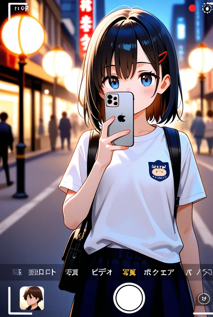 ((convex mirror on utility pole)), 1girl, 1other, looking up, looking at mirror, looking at another, shy, cleavage, , camisole, miniskirt, car, roadside, street, tree, mom, mature female, from side, night, <lora:girllikeconvexmirror:0.9>