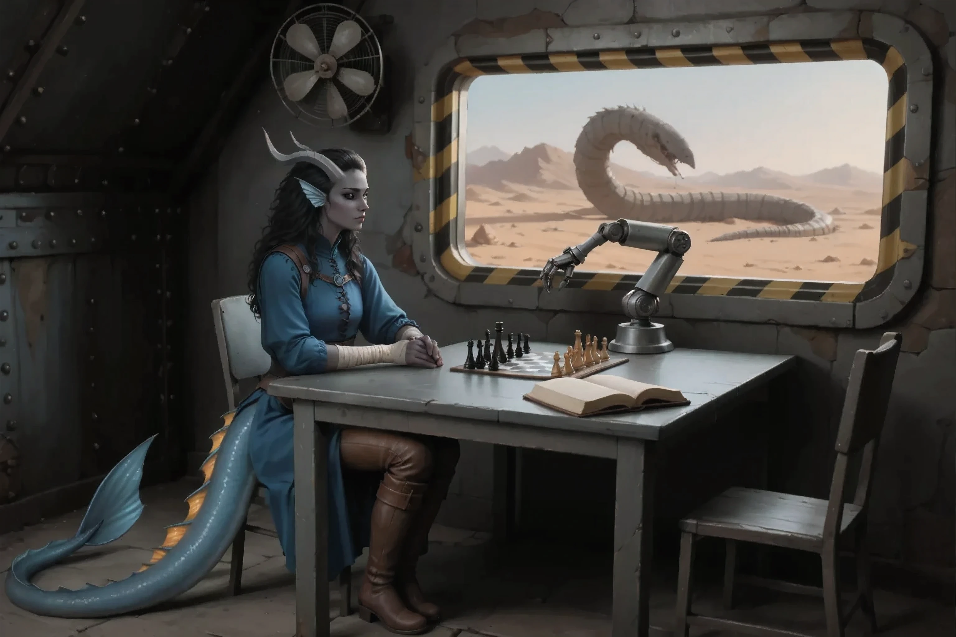 Close-up in the foreground On the left side of the table is a woman Kedra, dark blue-gray skin , fins on the head, , loose black hair , hand bandages, little short horns, ( Best hands ), ( 5 fingers), A long dragon-like tail spreads across the floor. Dressed in a blue medieval tunic, brown leather pants , boots.
There is a woman sitting at the table in front of the woman on the table, you can see a simple mechanical robot manipulator from the wall. Above is an iron fan on the ceiling of the iron bunker. Iron rivets everywhere, rust on steel elements. There is chess on the table and an open book is lying in front of a woman.
Centered above the table, there is a huge bunker window armored at the edges with black and yellow protective tape.
In the window outside the bunker, you can see a huge giant worm from the Dune in the desert above the mountains.
Gloomy shot, darkrain.