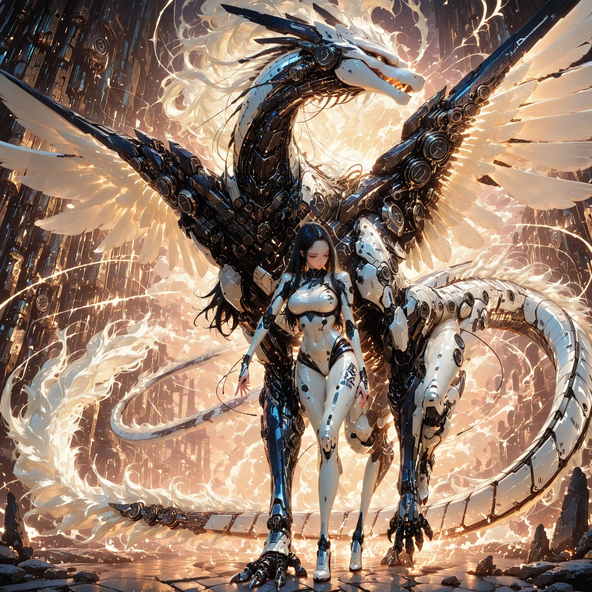 (illustration, masterpiece, best quality, ultra-detailed, high resolution),
a stylish scene featuring a single long-haired Japanese girl with black hair, wearing a white sleek bodysuit, full body visible, enveloped in a faint bluish-white aura, striking a stylish and confident pose beside a mechanical dragon with large mechanical wings and a long tail close beside her as if protecting her,
the dragon’s metallic wings are fully spread wide, reflecting the moonlight, creating a sense of power and grace,
set by a serene moonlit lakeshore, dynamic and elegant composition, detailed mechanical design, sharp focus, soft ethereal lighting, mysterious and enchanting atmosphere