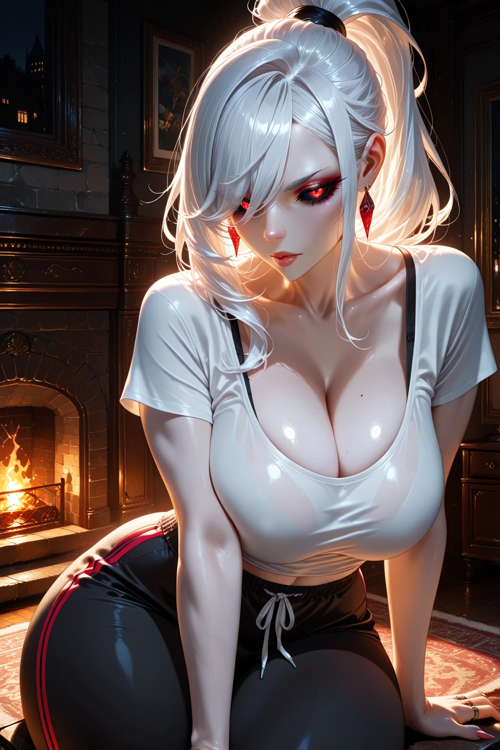 ultra realistic, ((gorgeous)),  lilith, highres, 1girl, ultra-detailed, (beautiful detailed face and eyes and hair:1.1), masterpiece, perfect face, beautiful face,  textured skin, beautiful detailed face, sensual, beautiful eyes, masterpiece, intricate details, 1girl, looking at viewer, Extremely beautiful, (large :1.2), pretty woman, beautiful woman, white_hair, gradient_hair, very_long_hair, (orange glowing eyes:1.3), red  clothes,sexy laying on bed pose,big 