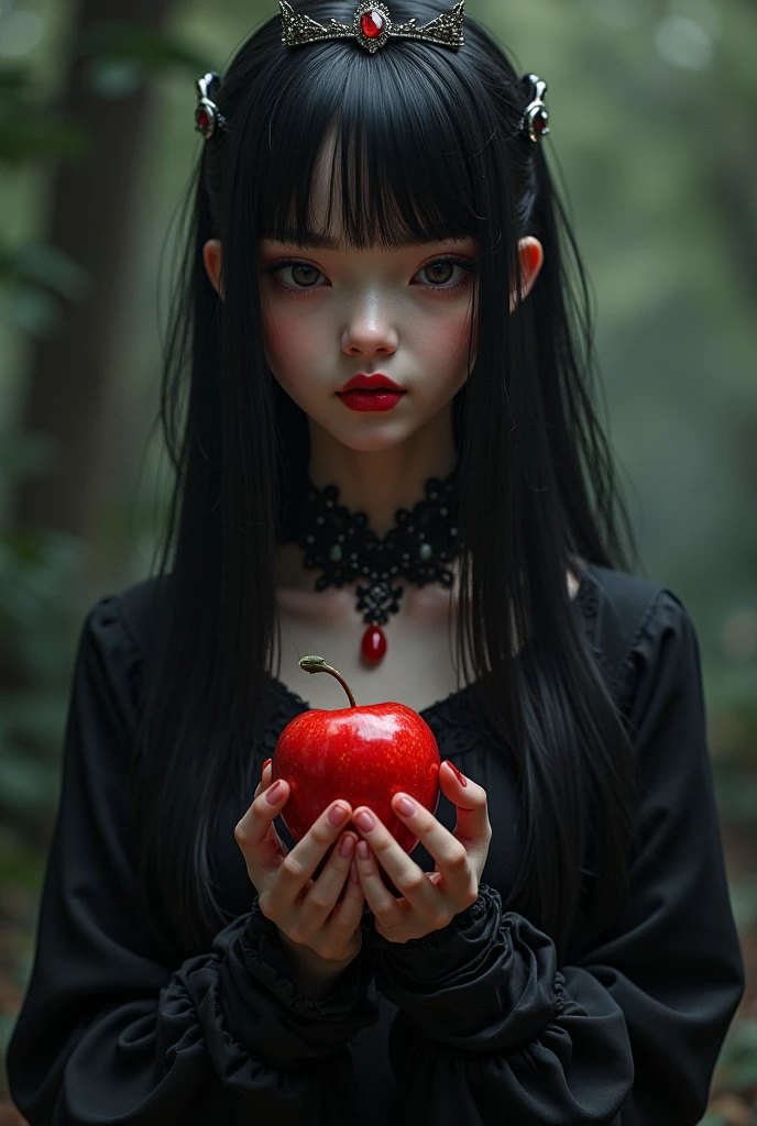 ((RAW photos)，Absurd，(Absurd分辨率))，masterpiece，Best quality，(Extremely Detailed 8k Unity CG Wallpaper)，(Most Best Illustration)，(best shadows)，Realistic lighting，beautiful and detailed brilliance，((21yo))，girl，longblackhair，Black Queen，accessories for girls，Hold an apple，Poison apples，Queen of Witches，red lipsticks，(((Her Photographic Perspective)))