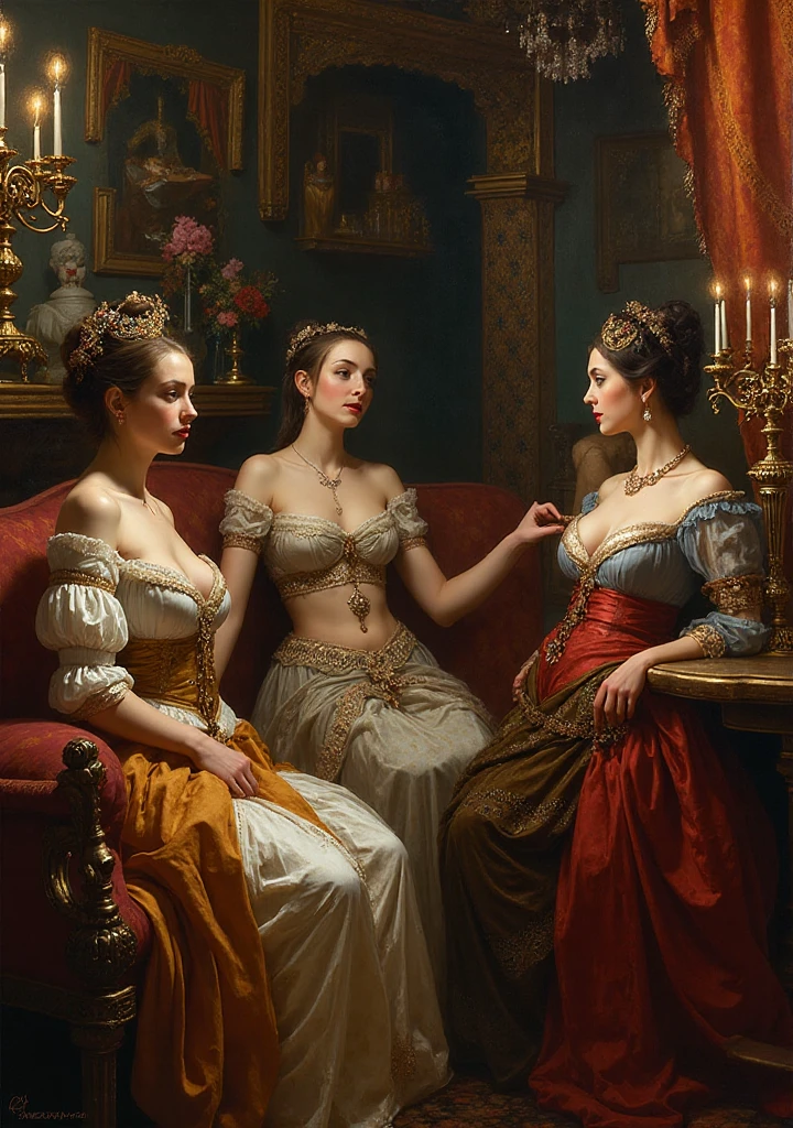 1680-89, Sultan's harem, 3girls, perfect face, dress, large breasts, ribbons, fine art,  dramatic lighting, dark studio
 <lora:1680-89_PNY:0.9> zPDXL