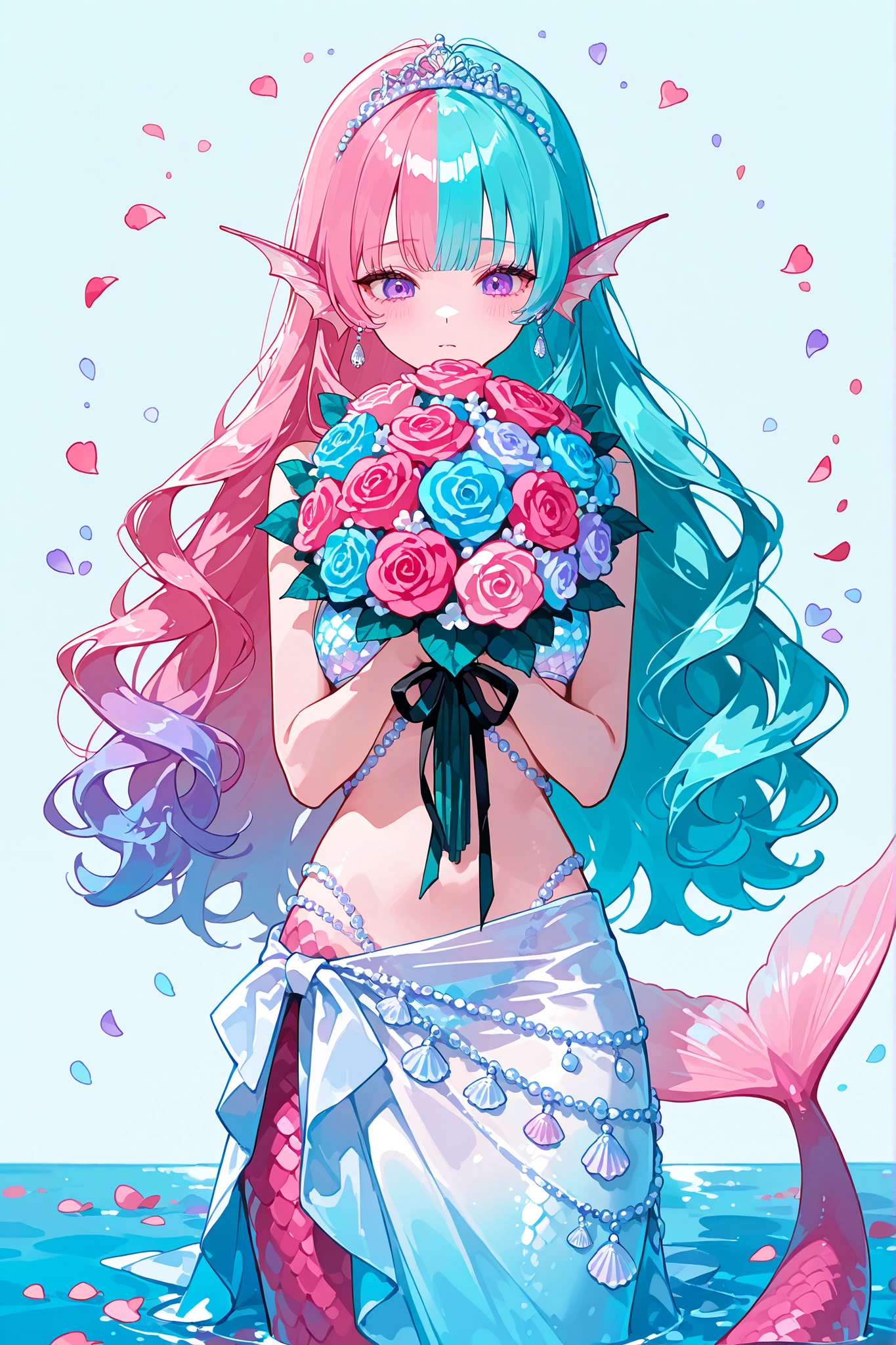 (MULTICOLORED HAIR, TWO-TONE HAIR,MIX OF turquoise AND VIOLET-pink HAIR,SPLIT-COLOR HAIR,) The France Queen mermaid. She has pink skin covered with scales. She has pink ear fins with silver seashell earrings. she has a purple eyes. She has hair with ringlets strands,her bangs are curly , her hairstyle is gathered in Marie Antoinette's Pompadour decorated with pearly hairpins. She has a pink mermaid tail with lots of large butterfly-like fins. She wears a pearl seashell and lots of accessories. She wears a white sarong skirt with lots of pearl threads. She wears on her head a mother-of-pearl tiara made from pastel seashells roses. She's holding a bouquet in her arms. (On the background: purple night sky, turquoise sea, huge blooming coral decorated with roses. There are pink rose petals on the surface of the water.)