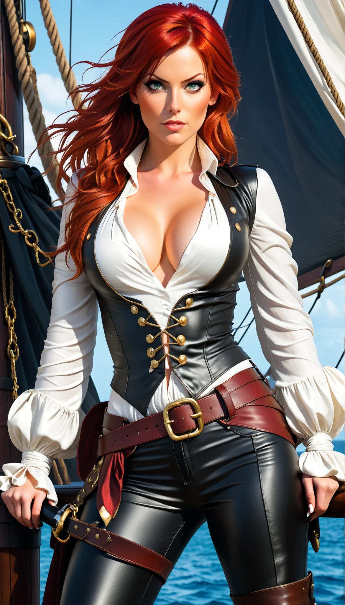 sexy female pirate, deep cleavage, white silk shit, leather pants, red hair