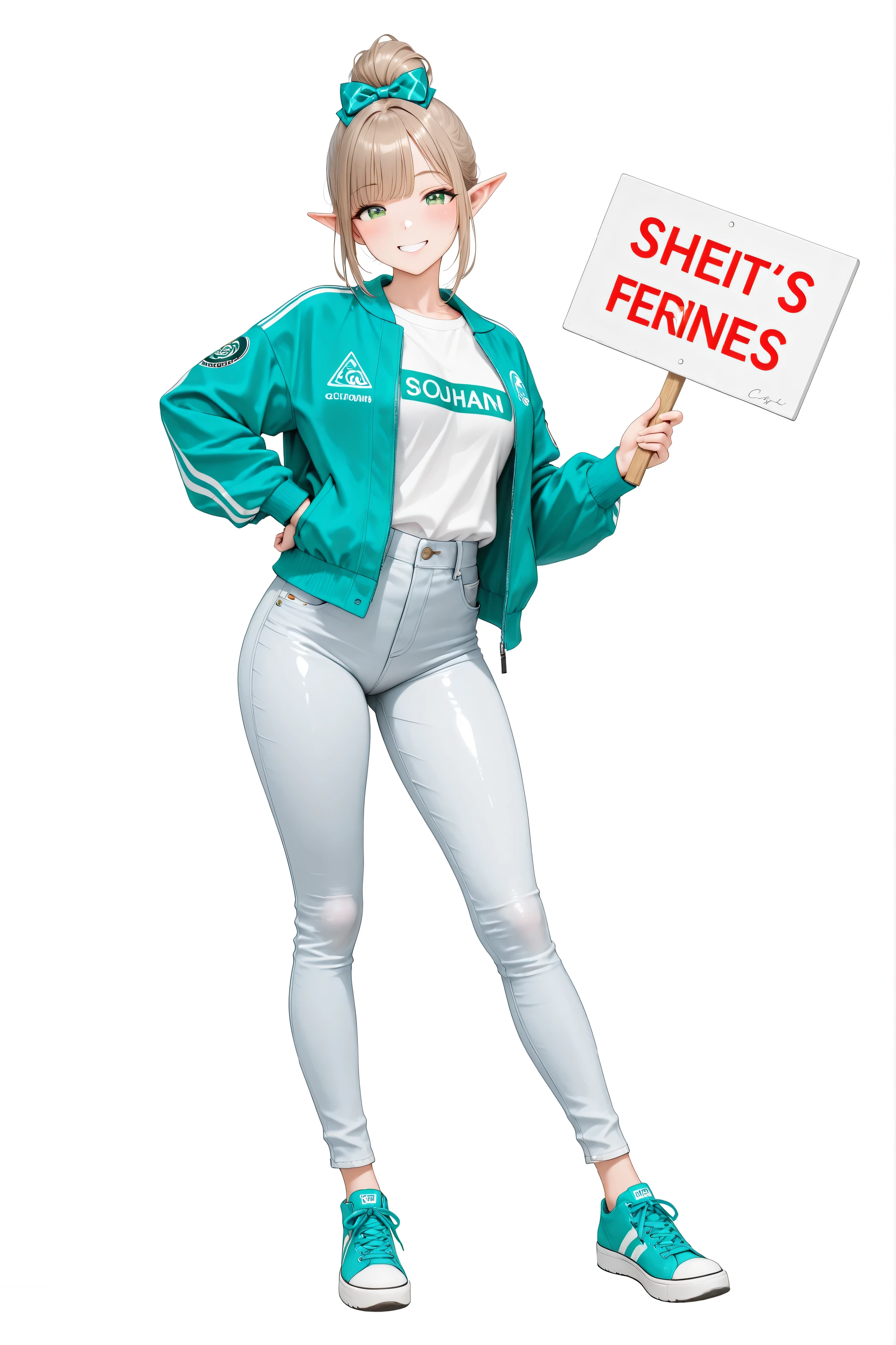 a cute girl, shiny skin, she´s light brown hair, pointed ears, green eyes, legs, turquose bow hair, medium hairdo, bangs, grin, simple bun, 1girl, sologirl, white background, 3/4 view. wearing a light turquoise company jacket with the “Chachaman Impresiones” logo on the , white t-shirt underneath, fitted jeans, turquoise sneakers, turquoise bow in her hair, holding Blank Sign, confident smile, suitable for conventions and brand events, clean solid background