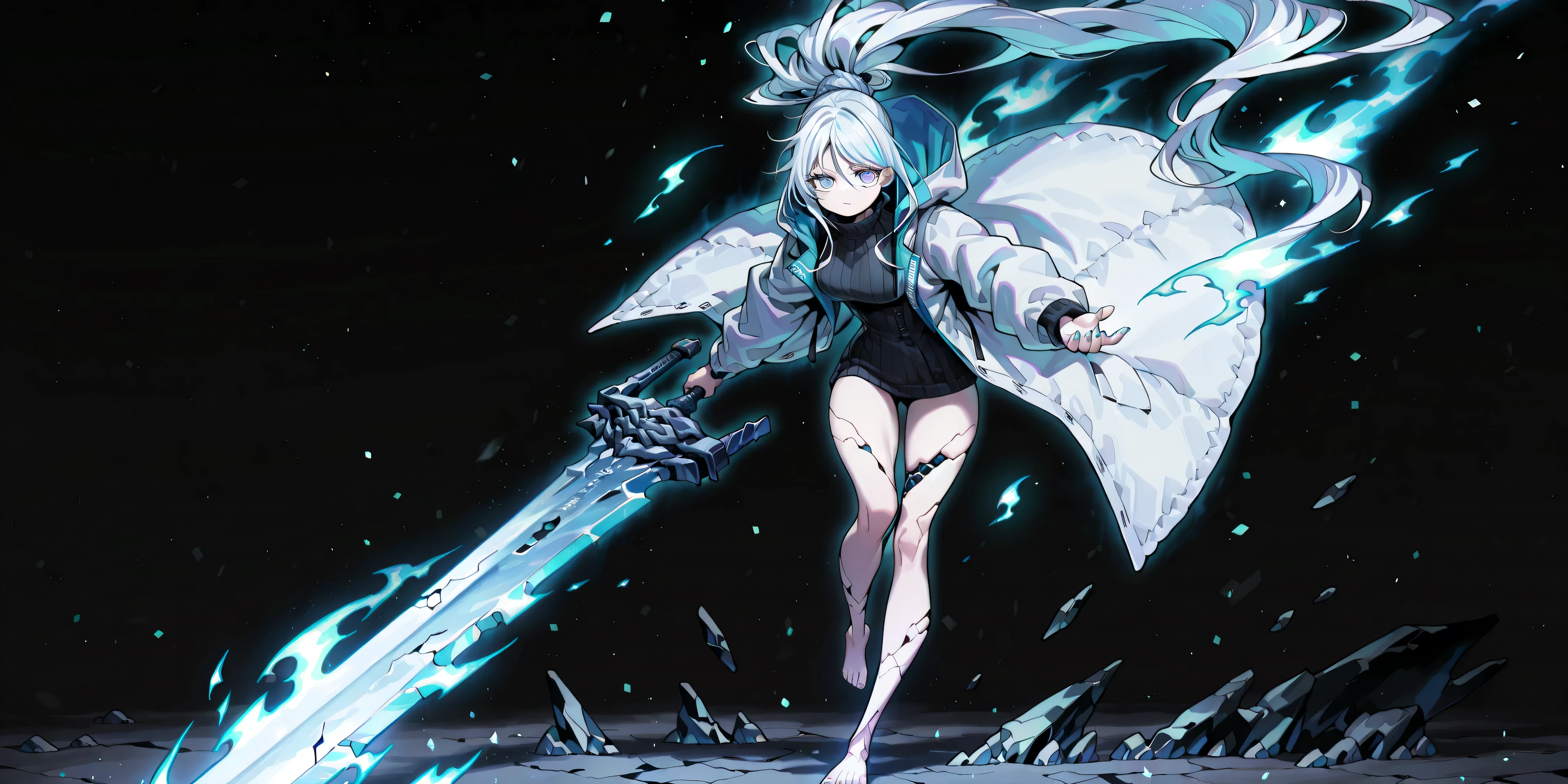 Alone, 1 girl, solitary female character, a young teenager about 1.5 meters tall. She stands alone against a deep black background, making her stand out vividly. Her physique and height are exactly like Terakomari Gandesblood from The Vexations of a Shut-In Vampire Princess.
She has long white hair tied in a ponytail, styled exactly like Sylpha Langlis from Tensei Shitara Dai Nana Ōji. The strands of her hair have a radiant, mystical energy-like glow, as if made of pure light. Her eyes are covered by a silver mask with the same design as the Frost Queen’s mask from Return of the Frozen Player. A silver mask with the same design as the Frost Queen’s mask from Return of the Frozen Player.
Outfit:
A black turtleneck sweater that extends halfway down her thighs. Her thighs and legs are exposed. Her hands and arms are white and glowing like energy; her feet and legs share the same luminous appearance. Her hands and feet have sharp claws, and she is barefoot.
The most important feature is her white coat with blue accents—identical in every detail to Amiya’s coat from Arknights: the same fabric, cut, blue highlights, length, hood design, zippers, and proportions (but entirely white). The coat is properly fitted, sliding down her arms and leaving her shoulders exposed.
Pose and Expression:
Black background, sexy pose, large hips, medium breasts, slim waist, wide hips. A short character — she is a young girl conjuring a large white flame in one hand while holding an immense white greatsword with golden details in the other. The massive greatsword appears to be made of stone, with several cracks running along its broad, heavy blade, from which condensed energy radiates. Energy flows visibly from the cracks of the greatsword.
Atmosphere and Style:
Youthful energy. Ultra-detailed, sharp, clean anime style. Deep black background with cinematic lighting highlighting her short stature and powerful aura.