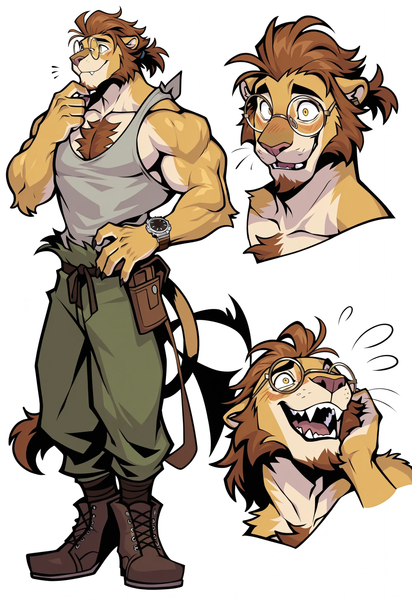 Experienced furry character reference sheet adoptable for Cornelius, masterpiece , modern day alternate universe, no background, fullbody, multiple views , best quality , masterpiece , masculine , character sheet , dungeon & dragons , visual novel , featured on Pinterest , dynamic.
Cornelius is an anthro lion man who cosplays as the Cowardly Lion from "The Wizard of Oz"! A big dumb hunky jock lion! Muscular, shy, scared, terrified expression, horrible posture, best Quality, high quality, ultra high resolution, Exquisite Face, handsome, , muscles, hair, Abdominal muscles, null-ghost,Takemoto Arashi, . Score_9_up ,Score_8_up ,Score_7_up ,Score_6_up, best quality, masterpiece, ((Cornelius is a middle-aged medium anthro muscular brown and tawny lion man with slick hairstyle and a ponytail, posh attitude, lion, gentleman, male, bat, furry, strong jawline, stud, perfect lion face, perfect hands, 5 fingers, no defects, smile, lion ears, royalty, no markings, no watermark, feline, has brown hair, clean shaven goatee, masterpiece, best quality, Broad shoulders, wears tiny round glasses, high details, perfect eyes, award winning, highres, HD, 16k, fancy watch.