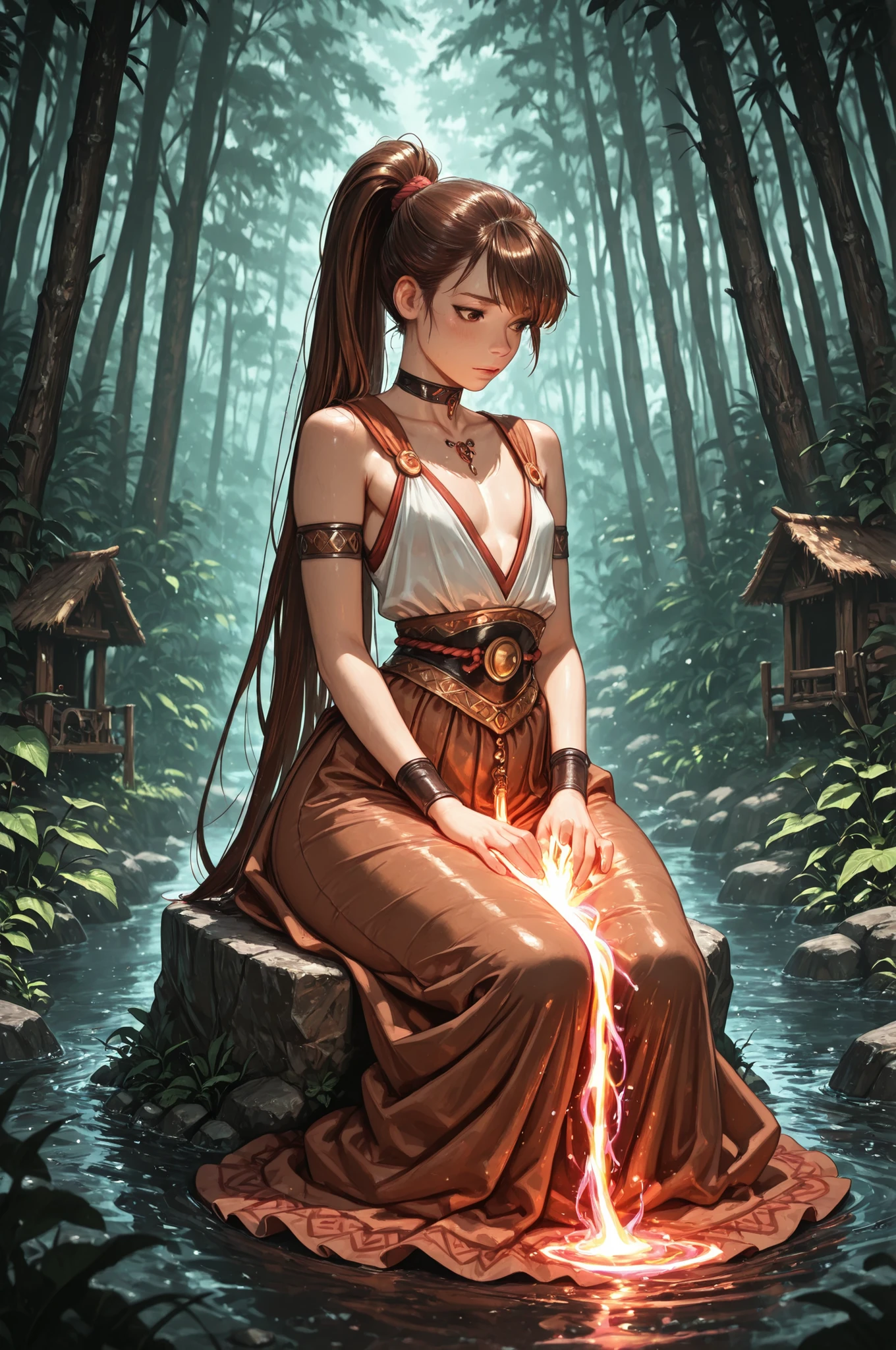Princess Marco. brown eyes, very long hair, brown hair, ponytail. very small breasts. huge hips. slim body. choker. femboy, crossdressing,|   ((best quality)), ((masterpiece)), ((ultra realistic)),a girl shaman performing a ritual in a rain-forest hut,  sitting in meditation, ((colorful magical energy flowing through the air)), rickety wooden building, wearing intricately detailed primitive tribal garb, bone jewelry, by a vast water fall in the dense jungle, ((wildlife everywhere)), god rays, diffuse lighting, masterpiece, realistic, roughness, ultra realistic, masterpiece, realistic, roughness, ultra realistic, photographed on a Canon EOS R5, 50mm lens, muted colors, F/2.8, HDR, 8k resolution, highres, high detail, sharp focus, smooth, roughness, real life, photorealism, photography, 8k uhd, long skirt