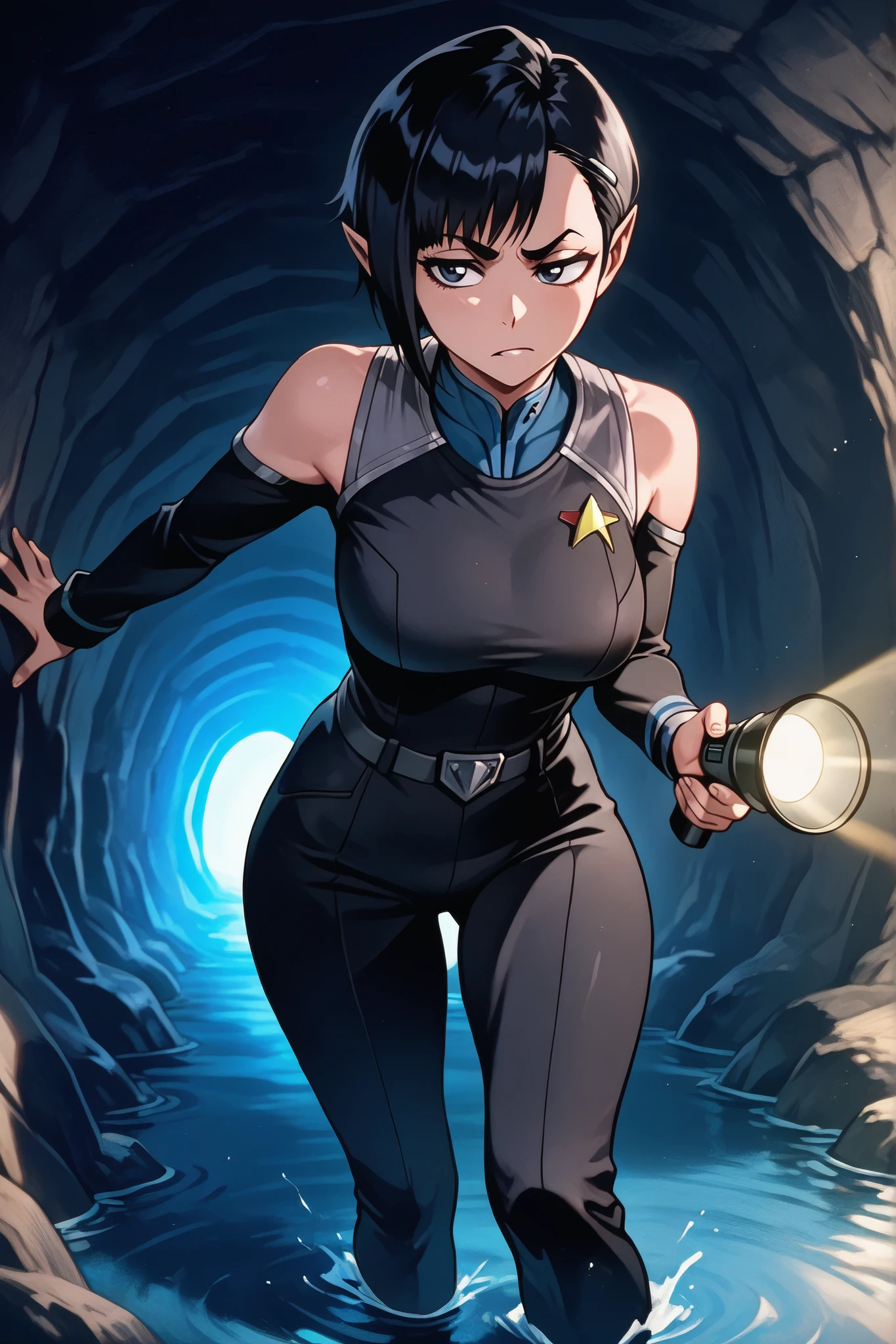 Masterpiece, highly detailed, beautiful woman, character, Star Trek (Vulcan female),_large_breasts_, short_eyebrows, slanted eyebrows, thin eyebrows, tsurime eyes, raised eyebrow, black hair, short hair,asymmetrical hair style, pointed_ears, olive_complextion, ds9st,black and grey star trek uniform,grey shoulders, blue neck,blue strip at wrist,black jumpsuit,long black sleeves,black trousers, climbing harness, holding an LED flashlight, underground tunnel, knee-deep water, Bleach art style