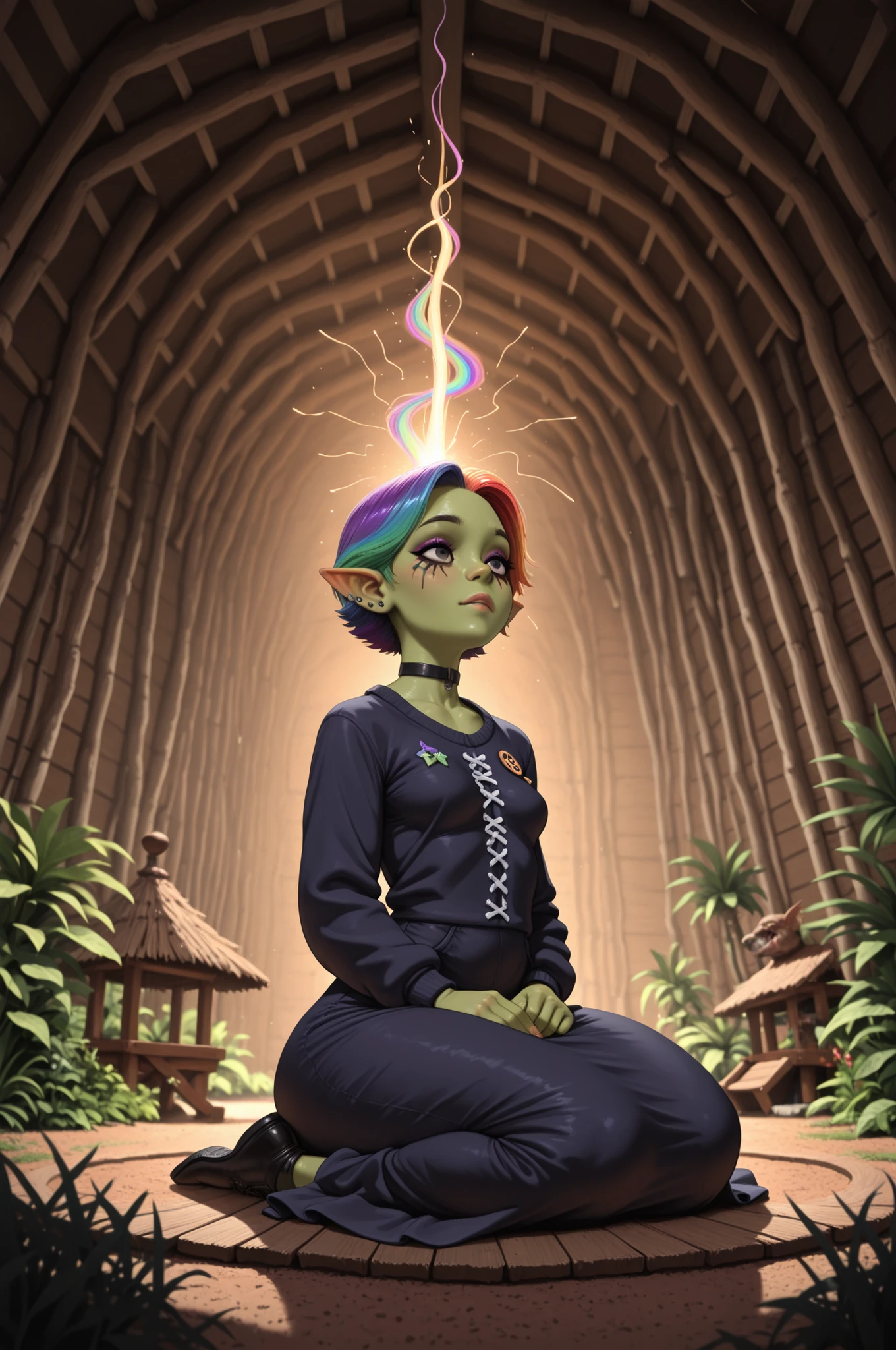 femboy punk, rainbow colors hair, black eye , facial piercings, eye makeup, small breasts, meduim hips, (goblin femboy:1.0) (shortstack:1.0) (green skin:1.0) (pointy ears:1.0) (wide hips:1.0) boy. crossdressing, femboy. medium hips, very short hair. Bouffant. femboy. cross-dresing, choker.|   ((best quality)), ((masterpiece)), ((ultra realistic)),a girl shaman performing a ritual in a rain-forest hut,  sitting in meditation, ((colorful magical energy flowing through the air)), rickety wooden building, wearing intricately detailed primitive tribal garb, bone jewelry, by a vast water fall in the dense jungle, ((wildlife everywhere)), god rays, diffuse lighting, masterpiece, realistic, roughness, ultra realistic, masterpiece, realistic, roughness, ultra realistic, photographed on a Canon EOS R5, 50mm lens, muted colors, F/2.8, HDR, 8k resolution, highres, high detail, sharp focus, smooth, roughness, real life, photorealism, photography, 8k uhd, long skirt, sweater