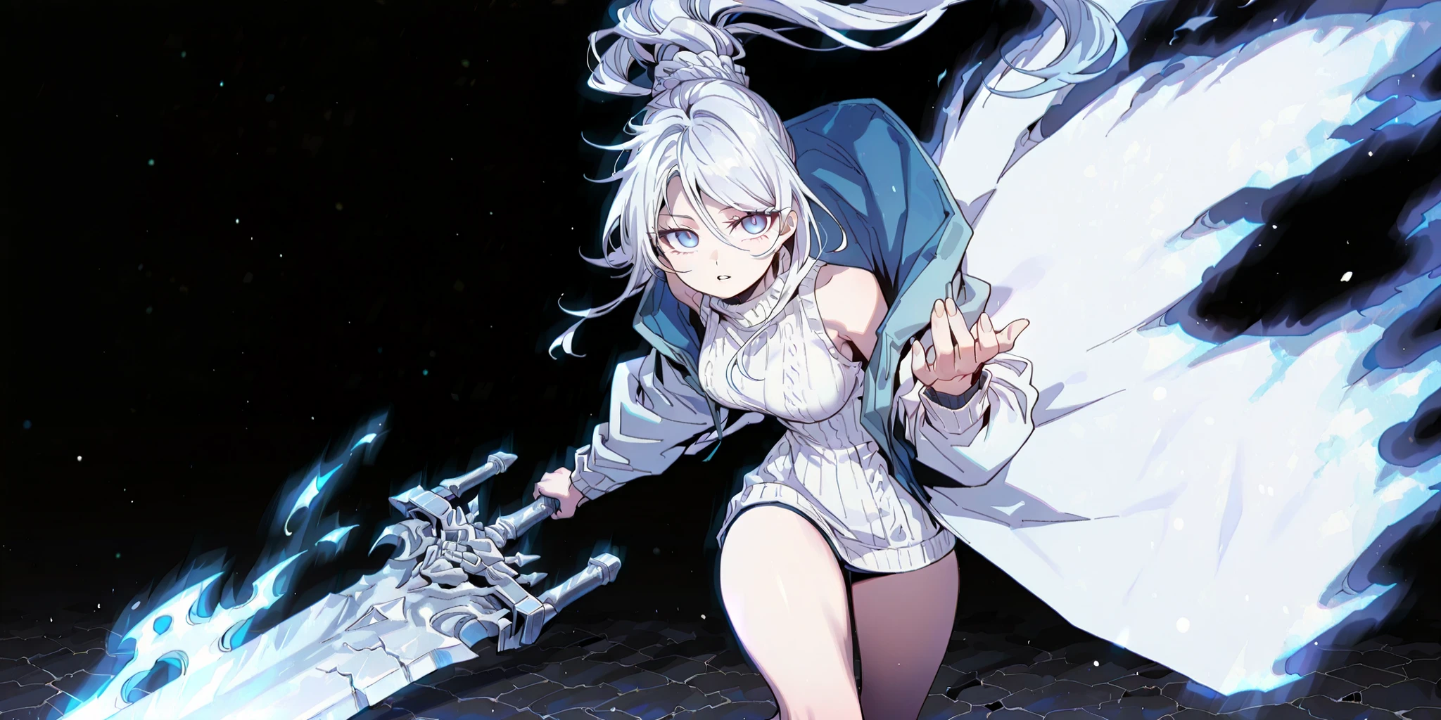 Alone, 1 girl, solitary female character, a young teenager about 1.5 meters tall. She stands alone against a deep black background, making her stand out vividly. Her physique and height are exactly like Terakomari Gandesblood from The Vexations of a Shut-In Vampire Princess.
She has long white hair tied in a ponytail, just like Sylpha Langlis from Tensei Shitara Dai Nana Ōji. The tips of her hair have an ethereal, white flame-like appearance.
Clothing and Accessories:
Her eyes are completely hidden behind a silver mask with the same design as the Frost Queen’s mask from Return of the Frozen Player. A silver mask identical to the Frost Queen’s mask from Return of the Frozen Player. A silver mask identical to the Frost Queen’s mask from Return of the Frozen Player.
She wears a black turtleneck sweater that extends halfway down her thighs. Her thighs and legs are exposed. The most important feature is her white coat with blue accents—identical in every detail to Amiya’s coat from Arknights: the same fabric, cut, blue highlights, length, hood design, zippers, and proportions (but entirely white). The coat fits properly, sliding off her arms and leaving her shoulders exposed.
Pose and Expression:
Black background, sexy pose, wide hips, medium breasts, slim waist, short body. She is a young girl conjuring a large white flame in one hand while holding an immense white greatsword with golden details in the other. The massive greatsword appears to be made of stone, with several cracks running along its broad, heavy blade, from which condensed energy radiates. Energy flows visibly from the cracks of the massive sword.
Atmosphere and Style:
Youthful energy. Ultra-detailed, sharp, clean anime style. Deep black background with cinematic lighting emphasizing her short stature and powerful aura. Perfect image, perfect face, perfect eyes, perfect anatomy.