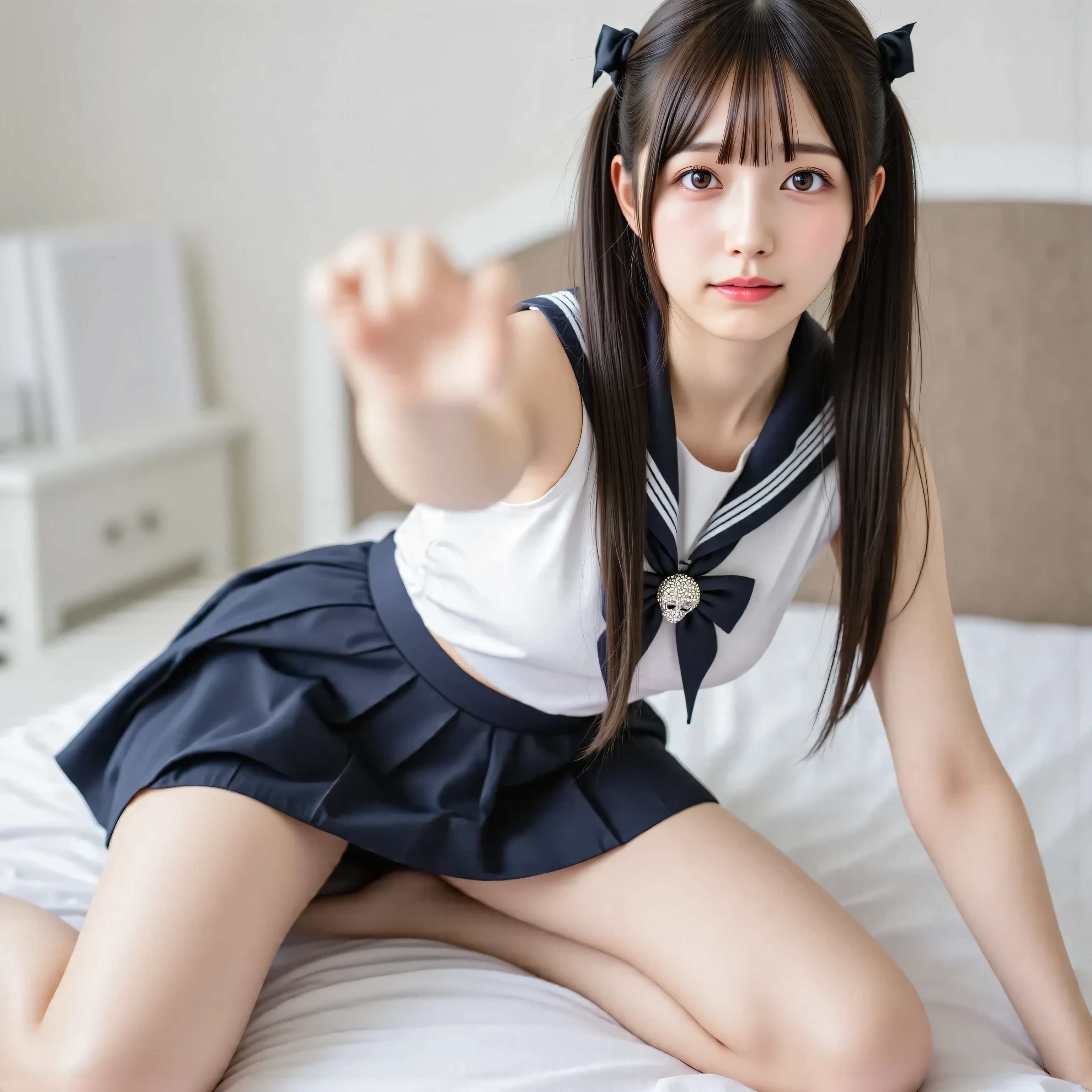 arafed asian woman in a black skirt and a white shirt posing for a picture, japanese school uniform, japanese girl school uniform, wearing japanese school uniform, cute schoolgirl, jk uniform, beautiful anime high school girl, loafers, Open belly, See the belly, low waist mini skirt, Skirt open,Skirt in half,Open Skirt,Not wearing underwear,No Panties,without underwear, wear black thigh high socks, black bowtie,(large sparkling skull jewelry), skull brooch, long black hair straight, video, long foot, slender, young gravure idol, realistic young gravure idol, young pretty gravure idol, young skinny gravure idol, japanese model, 1 person, Full body standing pose, after vaginal, amateur, flash photo, sleeveless, seductive pose, seductive smile, cowgirl position, open legs, crawling position on hands and knees, kneeling pose, Blowjob, Cowgirl, sleeveless, ニーソックス, (over-knee socks), オーバーニーソックス, black nails, black ribbon in her hair, Her uniform is decorated with sparkling skull-shaped decorations, wheat-colored skin, dark skin, stomach cutout, Skirtlift, 寝室, bed room, stunning breast, Deep focus,