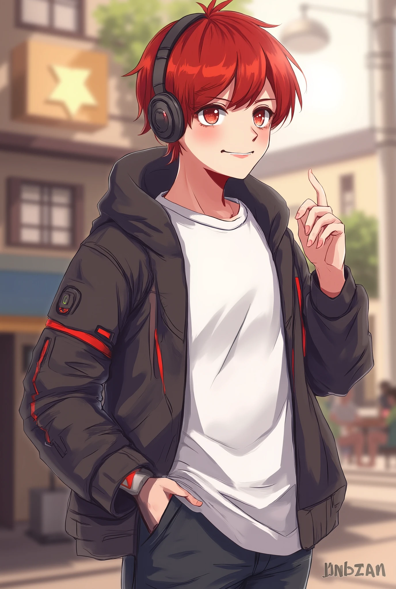 boy kid who is 19 having some red hair and a headphone is his left arm only being robotic in anime style and black jacket with white t shirt