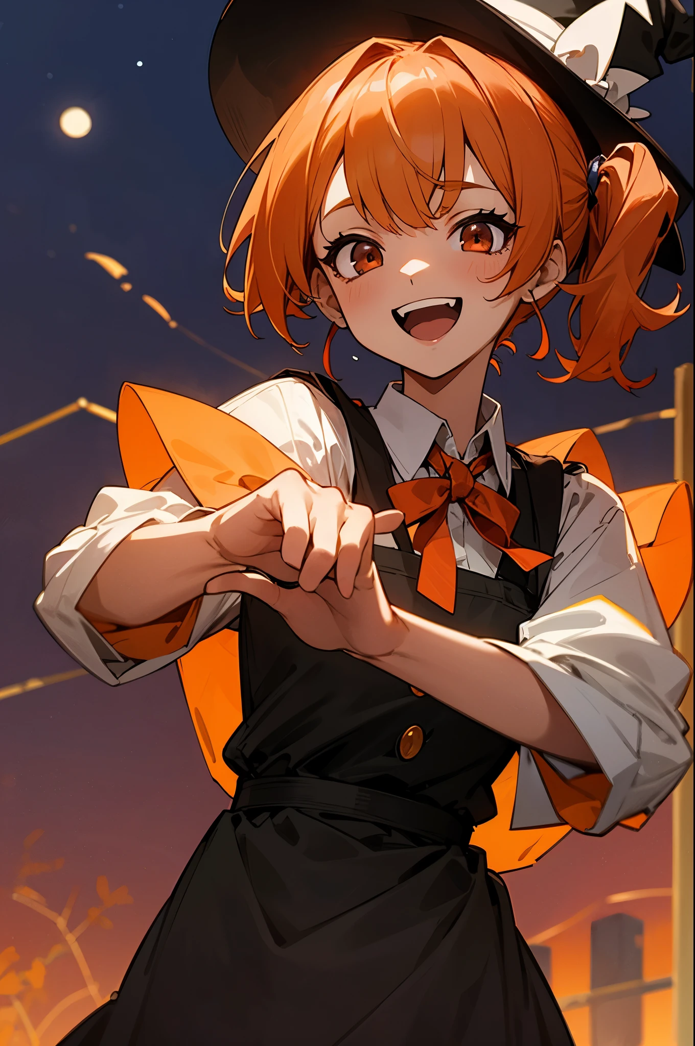 halloween Monster Pretty Girl、orange hair、side ponytail、Red round eyes、witch hat、apron dress、Laugh brightly、Dance energetically、upper body close-up、Orange and purple tones、moonnight outside Background、