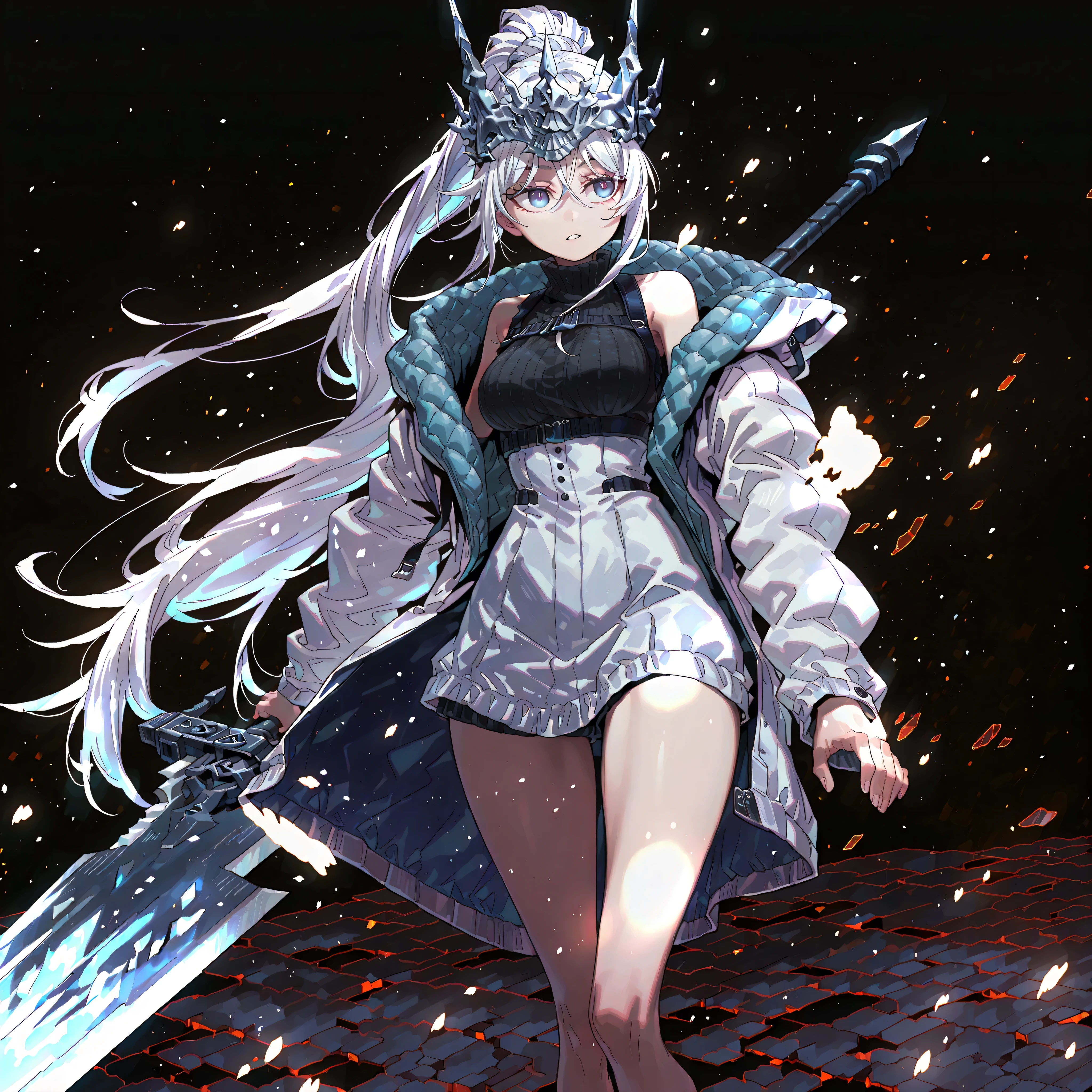 Alone, 1 girl, solitary female character, a young teenager about 1.5 meters tall. She stands alone against a deep black background, making her stand out vividly. Her physique and height are exactly like Terakomari Gandesblood from The Vexations of a Shut-In Vampire Princess.

She has long white hair tied in a ponytail, just like Sylpha Langlis from Tensei Shitara Dai Nana Ōji. The tips of her hair have an ethereal, white flame-like appearance.

Clothing and Accessories:
Her eyes are completely hidden behind a silver mask with the same design as the Frost Queen’s mask from Return of the Frozen Player. A silver mask identical to the Frost Queen’s mask from Return of the Frozen Player. A silver mask identical to the Frost Queen’s mask from Return of the Frozen Player. The mask covers the eyes. The mask covers the eyes. The mask covers the eyes. The mask covers the eyes.

She wears a black turtleneck sweater that extends halfway down her thighs. Her thighs and legs are exposed. The most important feature is her white coat with blue accents—identical in every detail to Amiya’s coat from Arknights: the same fabric, cut, blue highlights, length, hood design, zippers, and proportions (but entirely white). The coat fits properly, sliding off her arms and leaving her shoulders exposed.

Pose and Expression:
Black background, sexy pose, wide hips, medium breasts, slim waist, short body. She is a young girl conjuring a large white flame in one hand while holding an immense white greatsword with golden details in the other. The massive greatsword appears to be made of stone, with several cracks running along its broad, heavy blade, from which condensed energy radiates. Energy flows visibly from the cracks of the massive sword.

Atmosphere and Style:
Youthful energy. Ultra-detailed, sharp, clean anime style. Deep black background with cinematic lighting emphasizing her short stature and powerful aura. Perfect image, perfect face, perfect eyes, perfect anatomy.