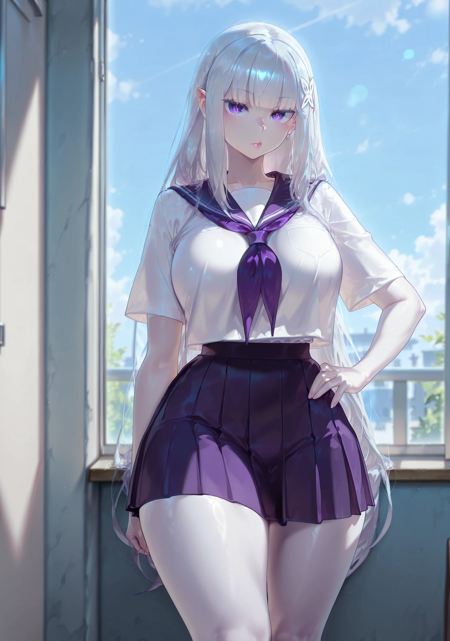 safe_pos, 1girl, Balecxi_Style, Emilia \(Re Zero)\, solo female, indoor, no windows, day time, standing, big breasts, silver hair, long hair, purple eyes, curvy, thick thighs, long legs, school uniform, mini skirt, bare legs, elf, elf ears, white skin, pointy ears, eyes showing through hair, bored, desinterested expression, lips, one hand on the hip, detailed eyes, looking to the viewer, viewer in front, (masterpiece, best quality, absurdres, highres, very aesthetic, sensitive, high-quality eyes, focus on eyes)