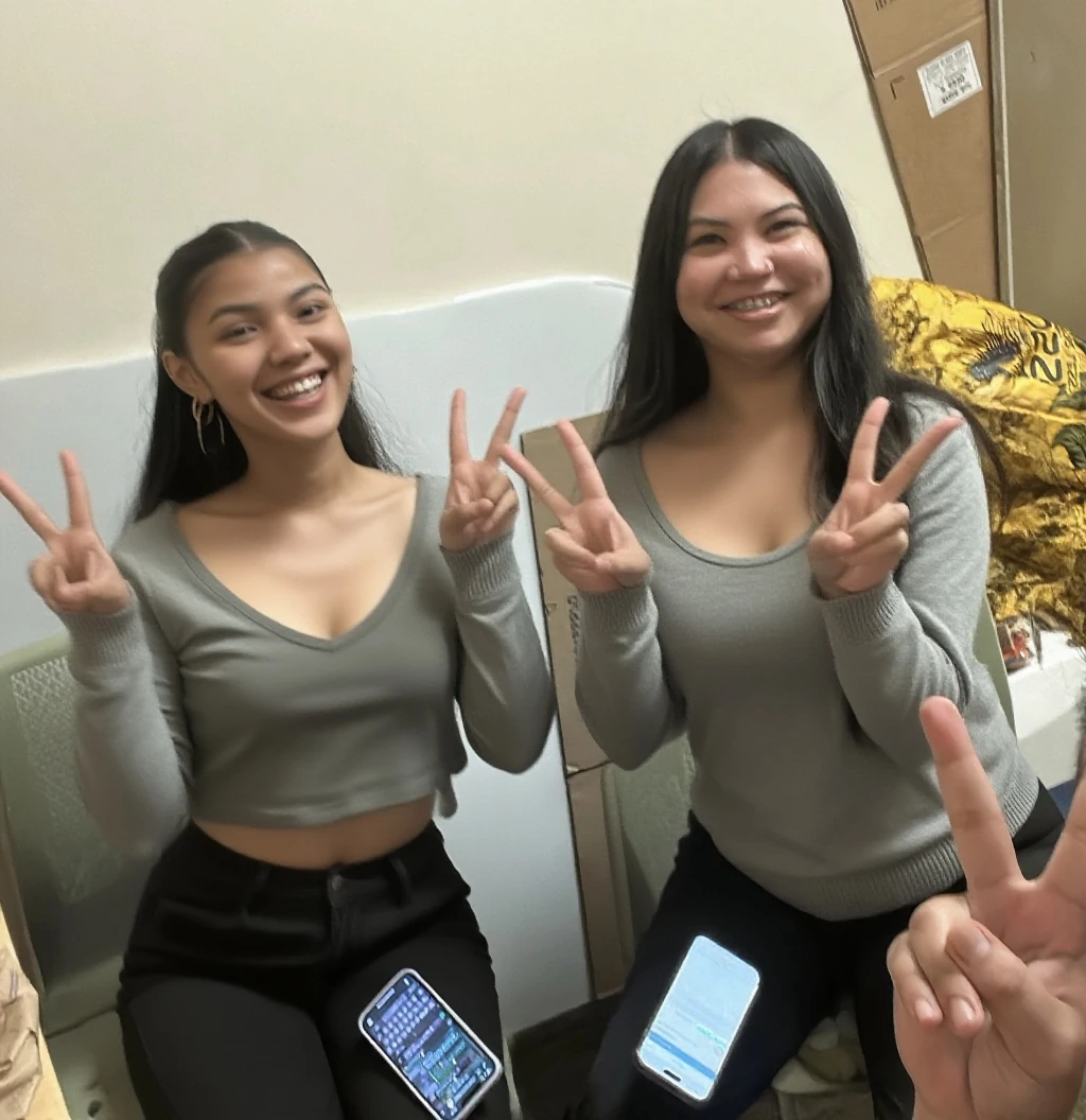 three women sitting on a couch peace signs with their hands, photo taken in 2 0 2 0, profile pic, very very low quality picture, low quality grainy, low quality photo, very grainy, taken in 2 0 2 0, annoying sister vibes, peace sign, low quality photograph, older sister vibes, grainy low quality, childhood friend vibes, , Big , huge , no clothes, , cute, wide , thick thighs, pear-shaped body, minimal clothes, thick, bbw, chubby stomach, thick , , large , hard , piercing through shirt,  hard through shirt, chubby stomach showing, tummy spilling over the side, muffin top, the girls are , large  showing