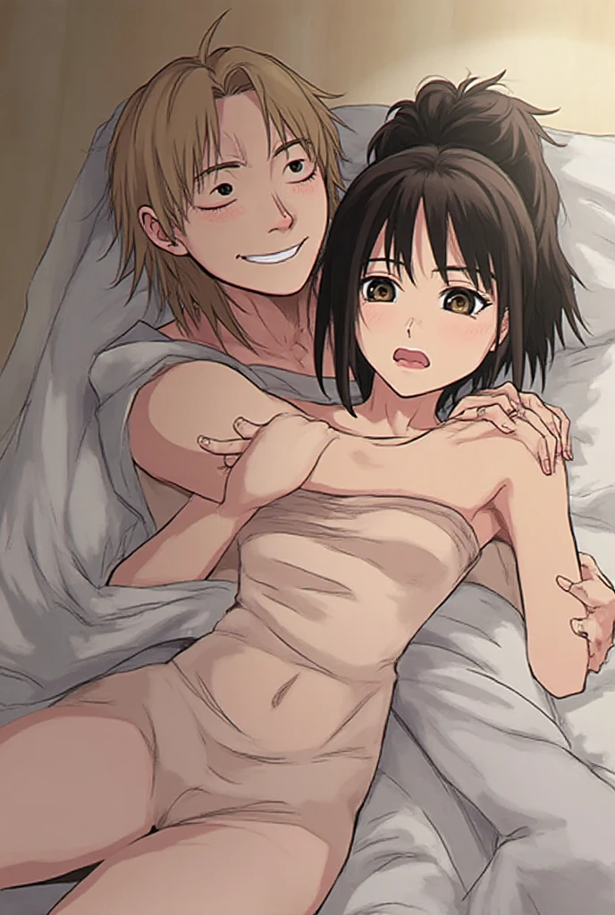 (1boy, , muscular, Brown hair, boy behind girl, touching , breatsgrope , grab, grabbing chest,chestgrab behind back, hold , hug back, hugging) (1girl, bangs, black hair, blush, medium , , pink ), indoors, bed,bedroom, night, perfect , masterpiece, cowboy shot, close up shot, detailed,
