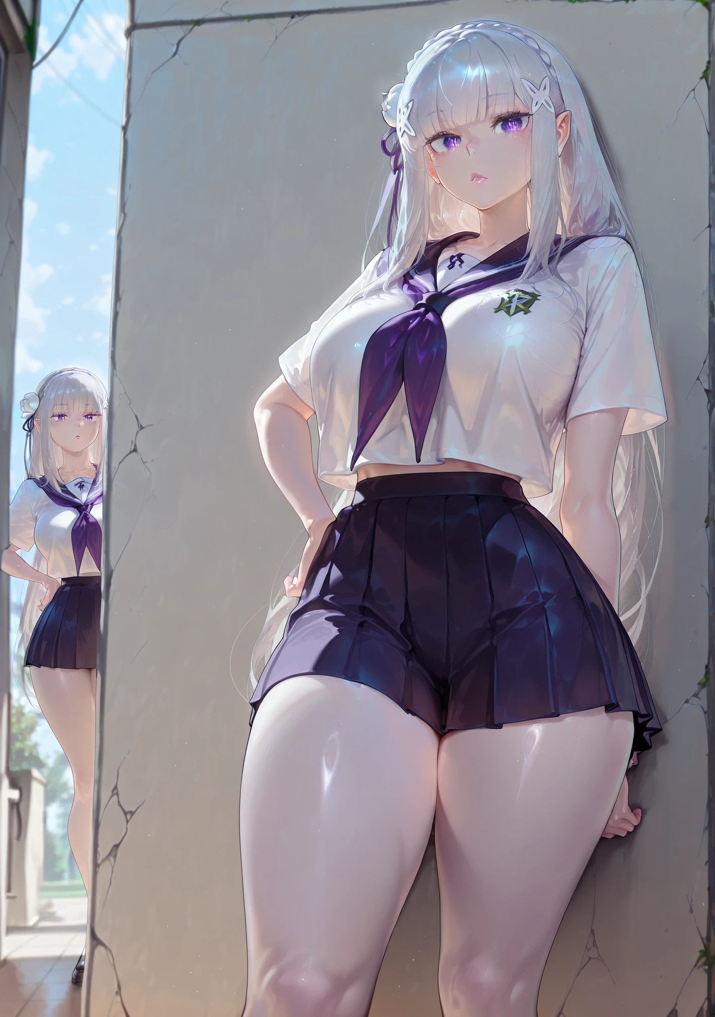 safe_pos, 1girl, Balecxi_Style, Emilia \(Re Zero)\, solo female, no background, not object in the background, in front of a wall, day light, standing, big breasts, silver hair, long hair, purple eyes, curvy, thick thighs, long legs, school uniform, mini skirt, bare legs, elf, elf ears, white skin, pointy ears, eyes showing through hair, bored, desinterested expression, lips, one hand on the hip, detailed eyes, looking to the viewer, viewer in front, (masterpiece, best quality, absurdres, highres, very aesthetic, sensitive, high-quality eyes, focus on eyes)