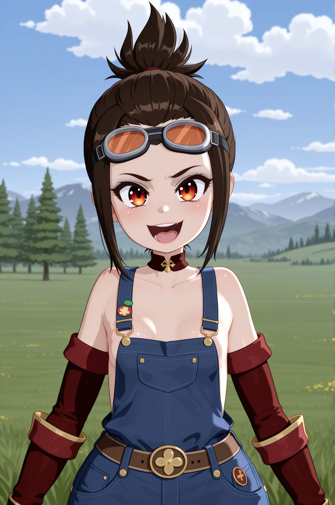 Azula , amber eyes . wavy dark brown hair strands above her shoulders. short hair. small breasts. huge hips. choker. | masterpiece, best quality, amazing quality, male, males only, sweater, blue overalls, gloves,Minions, goggles ,shortstack, laughing, looking at viewer, grassy plain with a distant mountain peak shrouded in mist, set against a cloudy sky. the foreground features a lone tree in the middle of the image, surrounded by sparse patches of grass and patches of brown and green. the mountain peak stands out against the hazy, misty backdrop, with a few clouds scattered across the sky,, upper body only