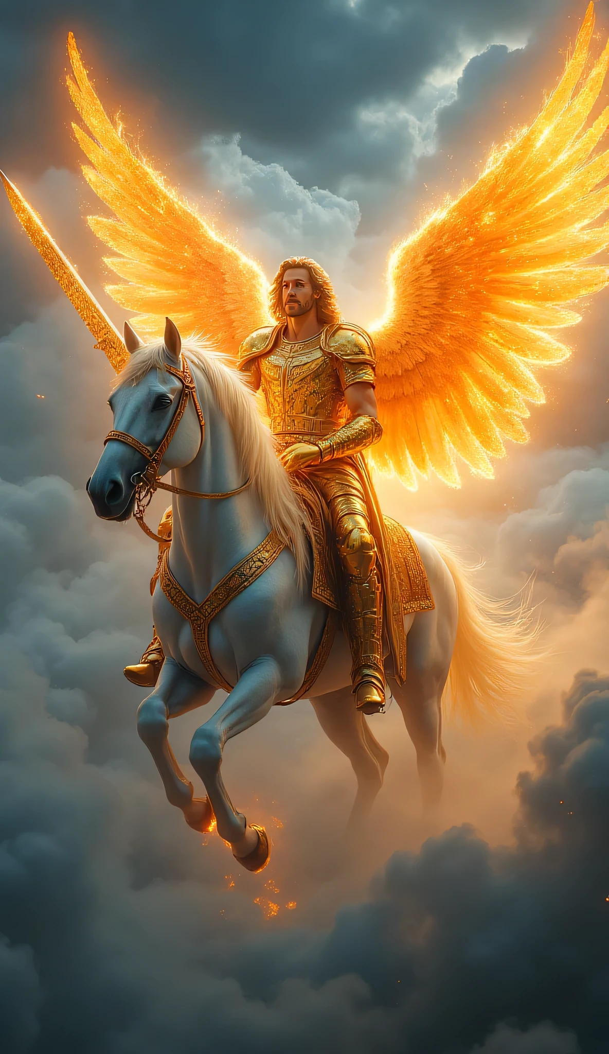 The Archangel Michael rides majestically on a white horse that advances steadily above the dark blue clouds. Its presence commands respect: } a divine warrior shrouded in heavenly fire that radiates from all over his being. His golden armor, engraved with sacred symbols, shines as the flames dance on his surface, reflecting shades of fiery orange, intense red and shimmering gold. His blue eyes burn with divine justice, and his long golden hair flows like a river of light. The enormous wings of the archangel extend with power, partially wrapped in divine fire that shines at the tips of each feather. In his right hand he holds a colossal flaming sword that crackles with sacred fire, while his left hand emanates a pure glow of heavenly energy. Around him, the sky is covered with stormy clouds that swirl, crossed by rays of divine light that illuminate his figure, highlighting the glory and majesty of the heavenly warrior on his white horse.