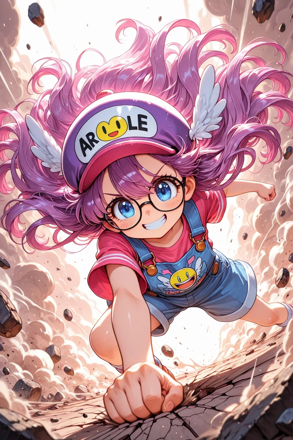 solo, 1girl with glasses and hat, close up of arale, facing downward, smiling brightly, punching the ground beneath her with immense force, huge cracks spreading across the ground, dust and debris flying, flowing hair and clothes,