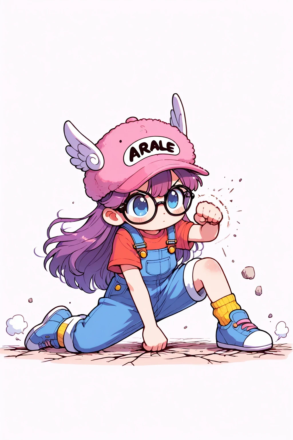 solo, 1girl, norimaki arale, one knee on ground, facing downward, punching one fist into the ground, ground with large cracks

purple hair, long hair, black-framed eyewear, pink hat, winged hat, red shirt, blue overalls, yellow socks, blue shoes,